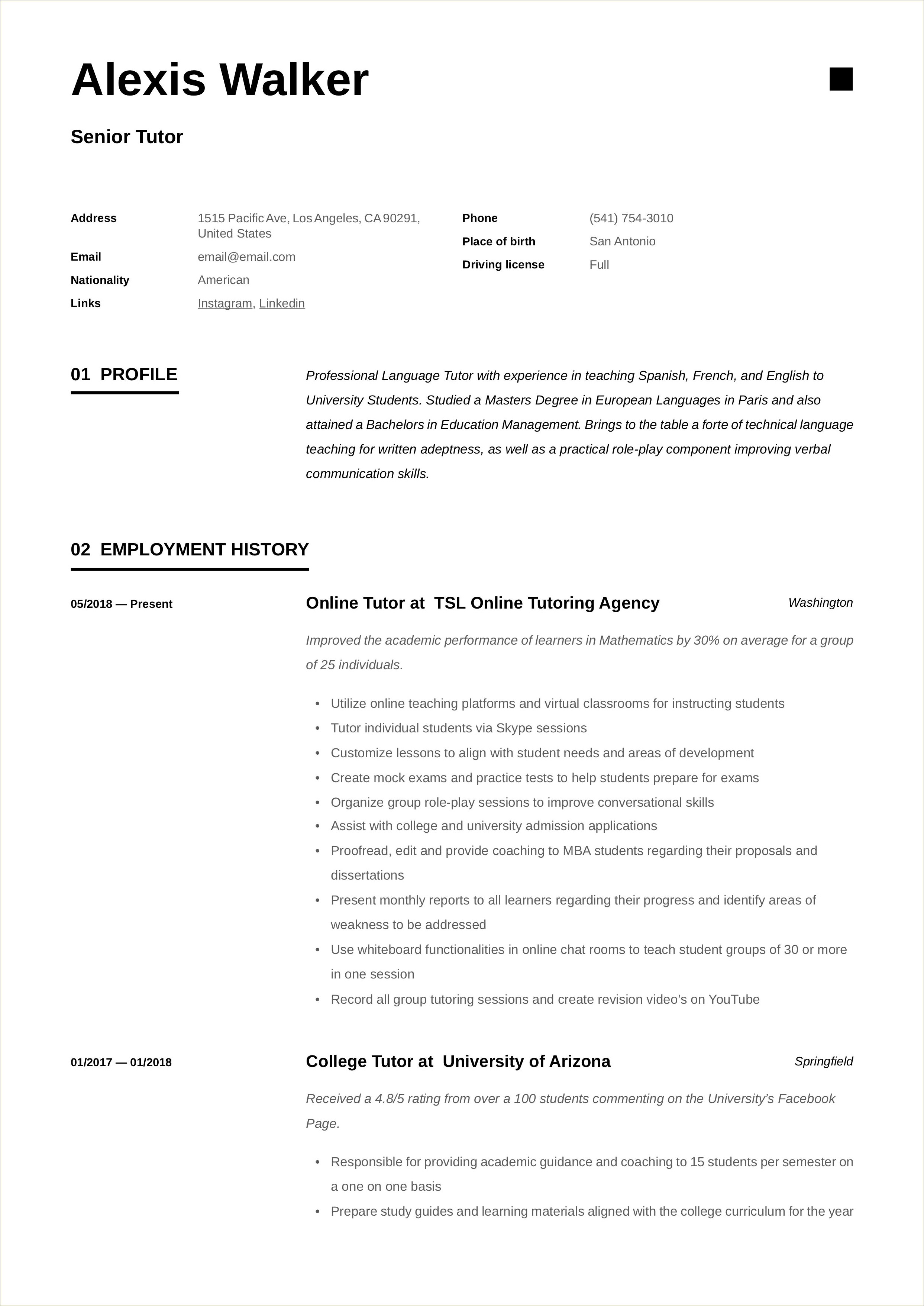 Tutoring Job Description And Responsibilies Resume