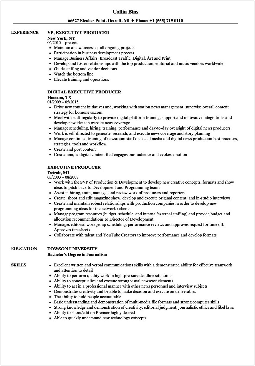 Tv Producer Resume Objective Examples Word