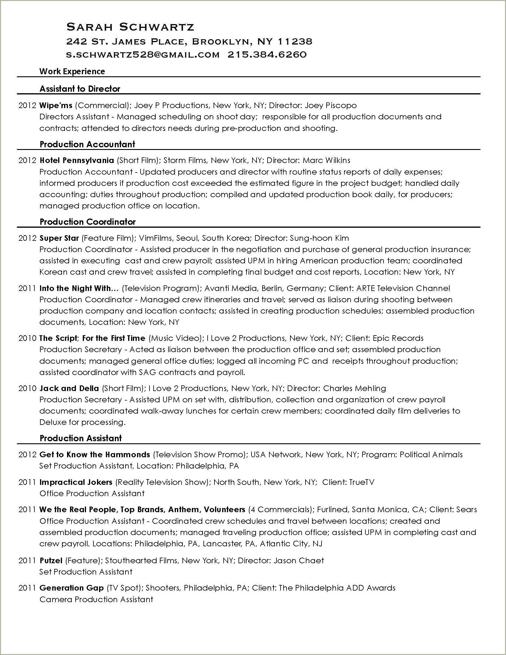 Tv Production Assistant Resume Samples Jobherojobhero