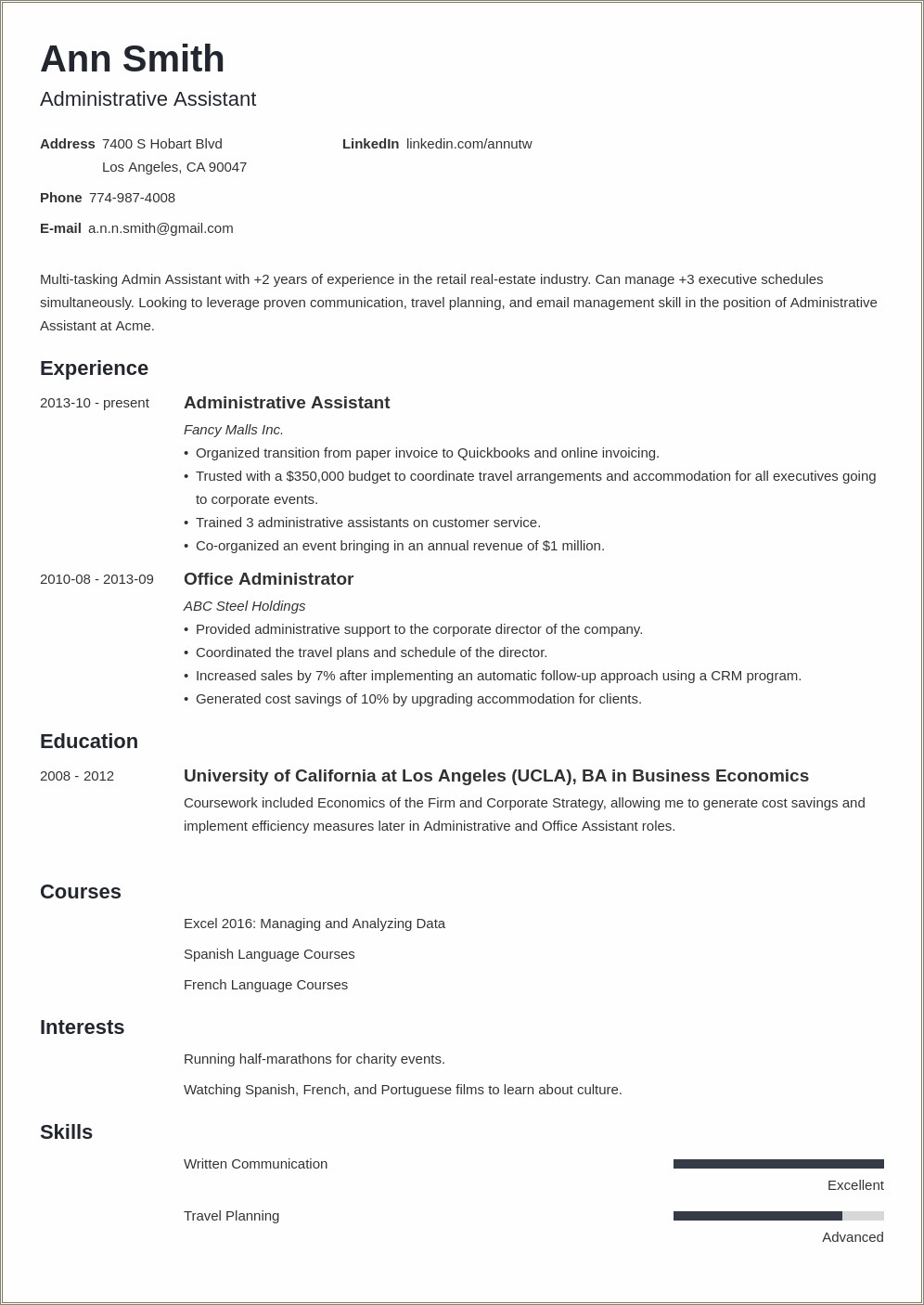 Two Page Resume Template Adminsistrative Asistant