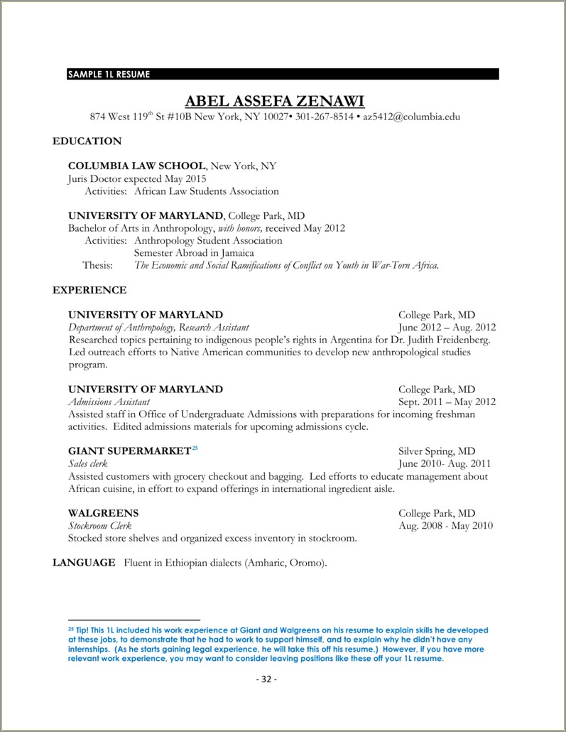 U Chicago Law School Resume Sample