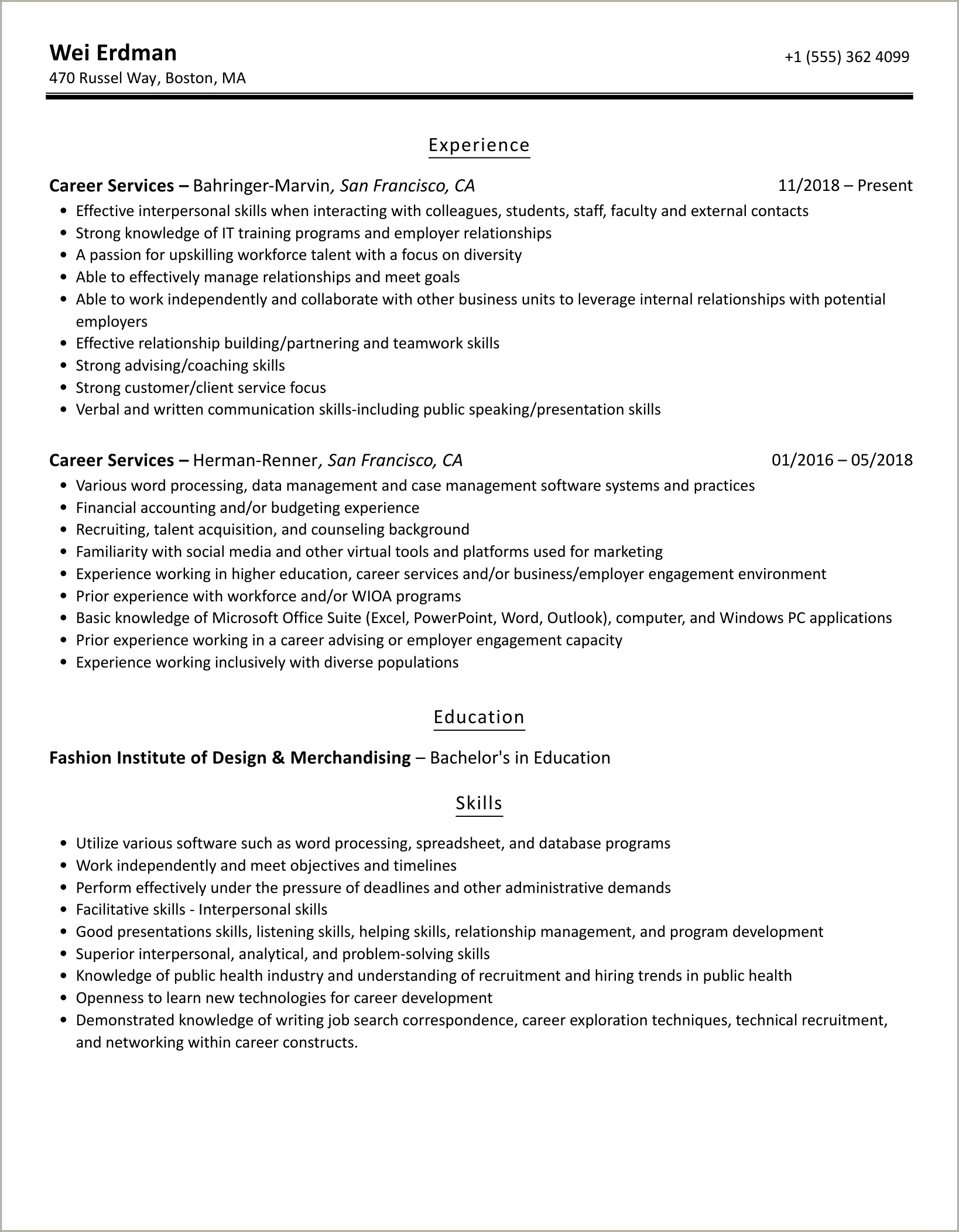 Uf Career Resource Center Sample Resume