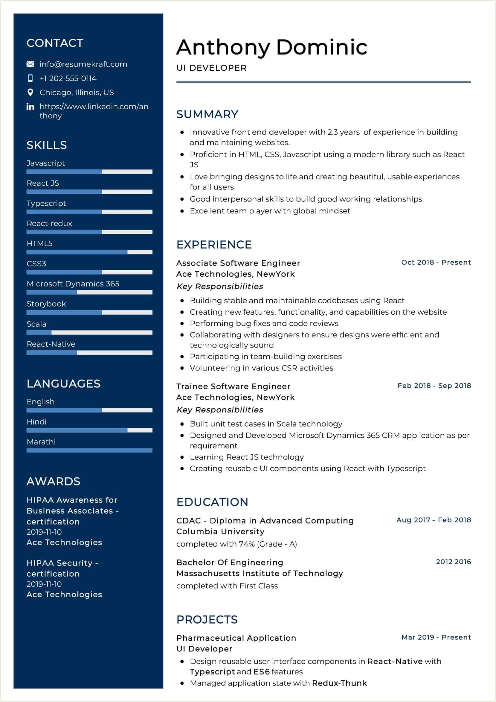 Ui Developer 2 Years Experience Resume