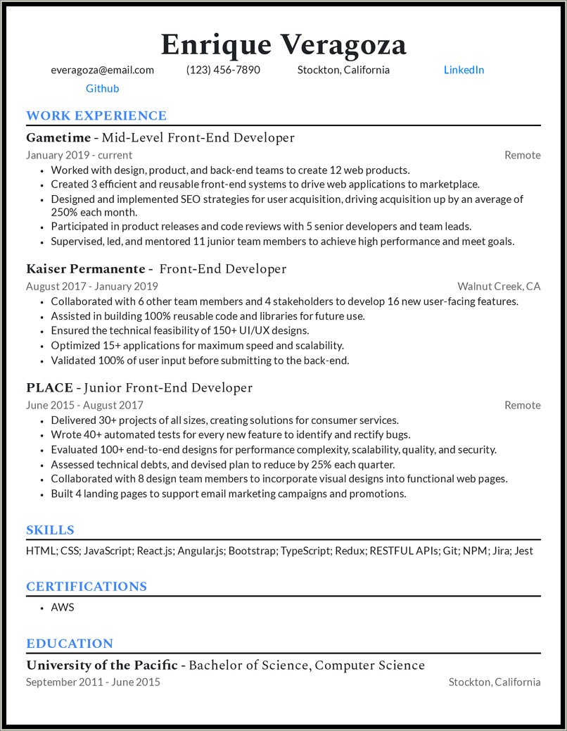 Ui Developer Resume 2 Years Experience