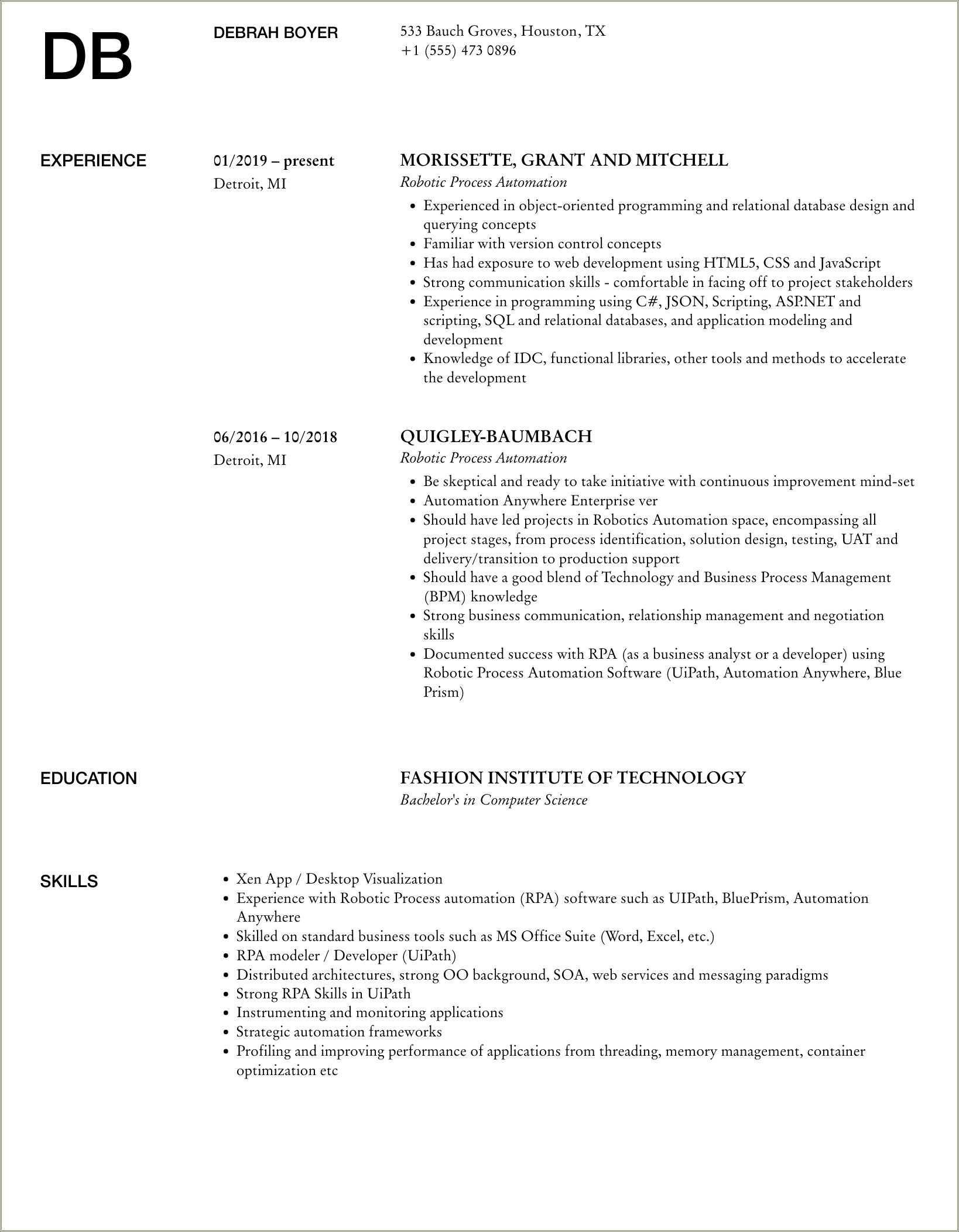 Ui Path 2 Years Experience Resume