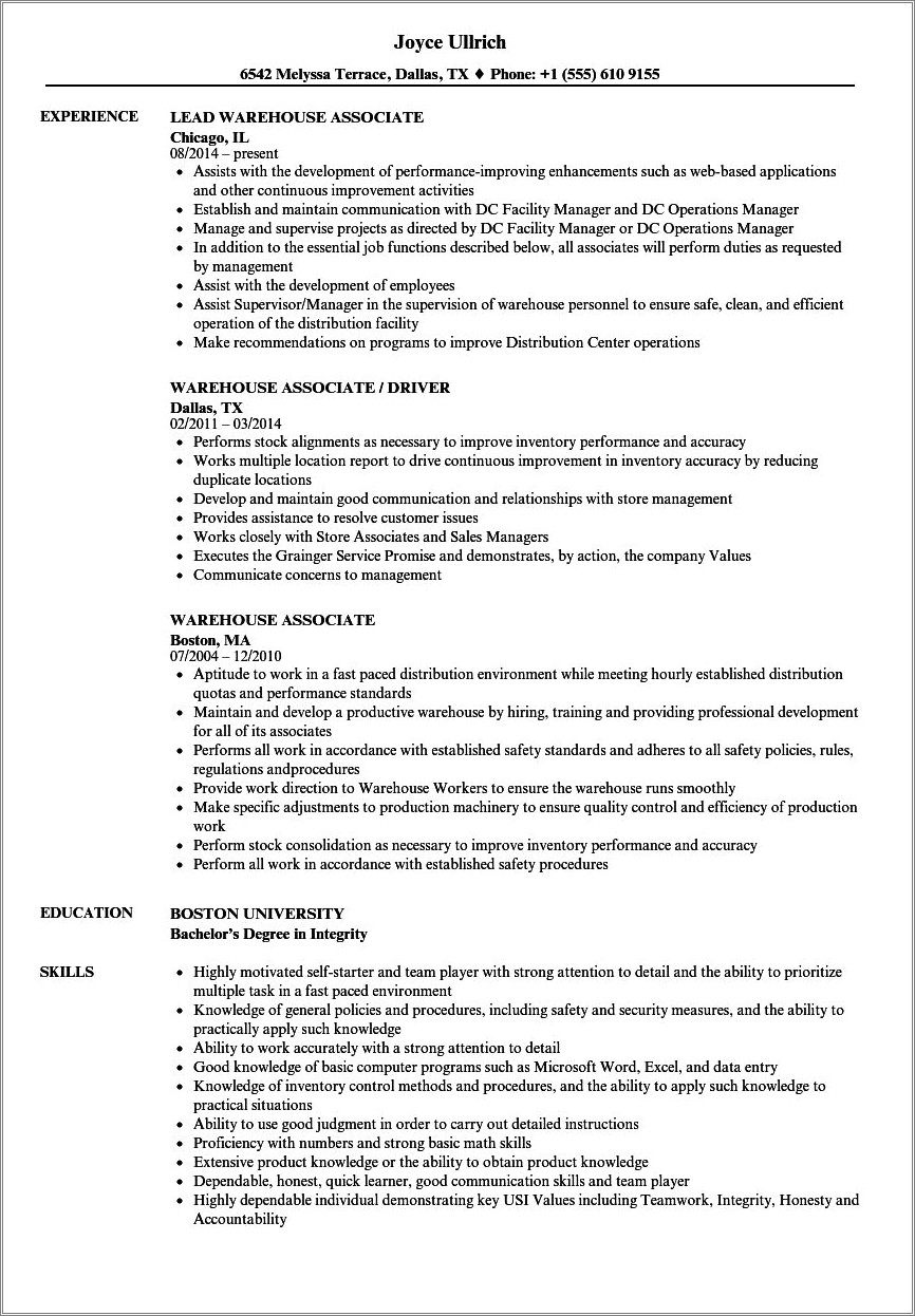 Uline Warehouse Job Description For Resume