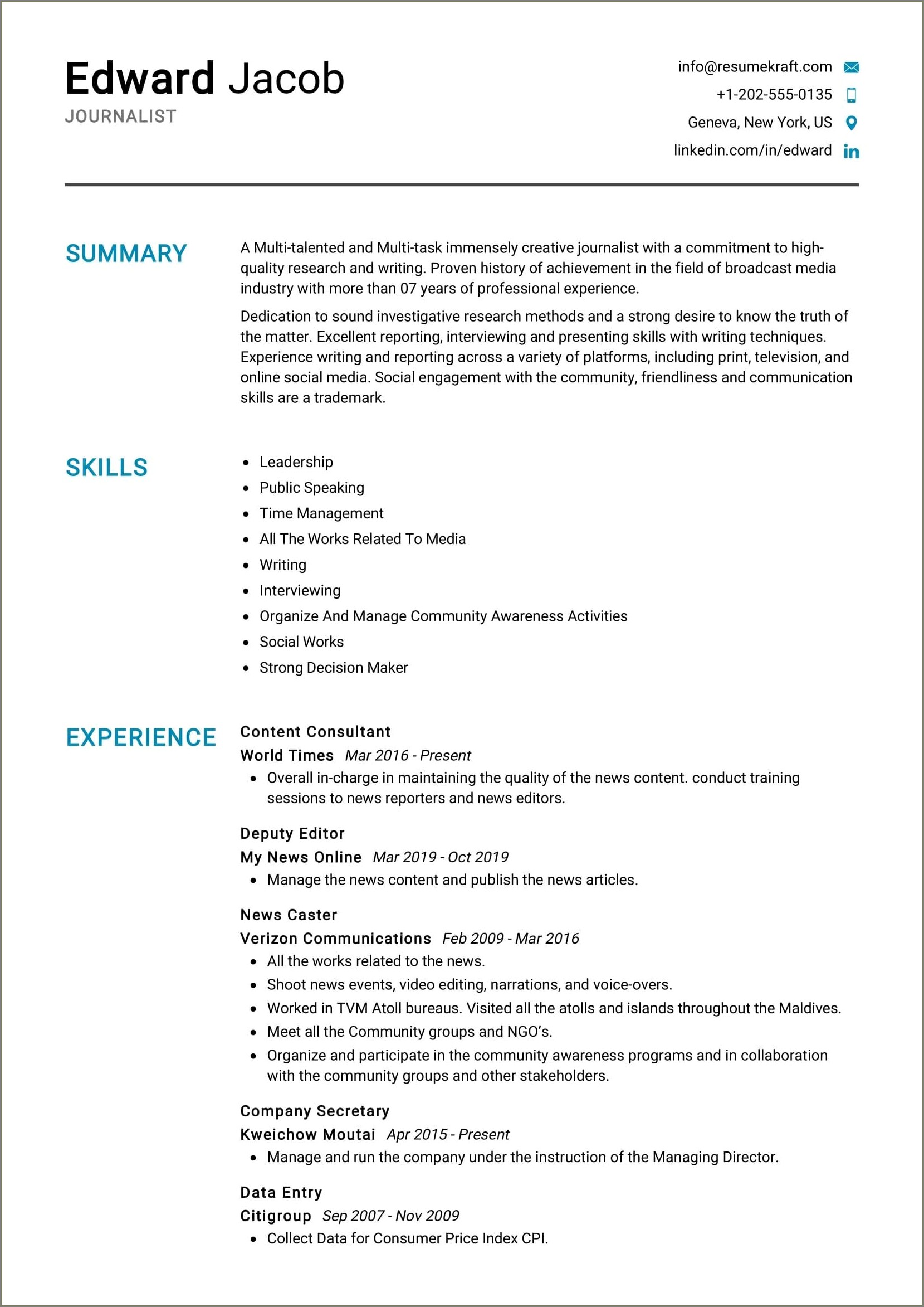 Unc School Media And Journalism Example Resume