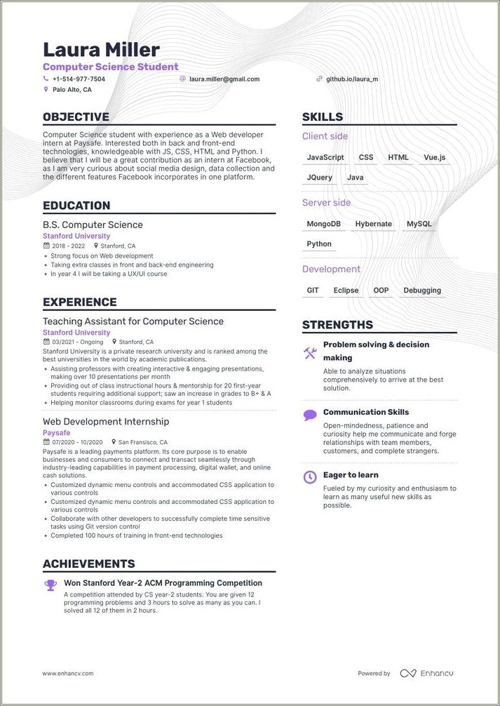 Undergrad Cs Student Resume Sample No Experience