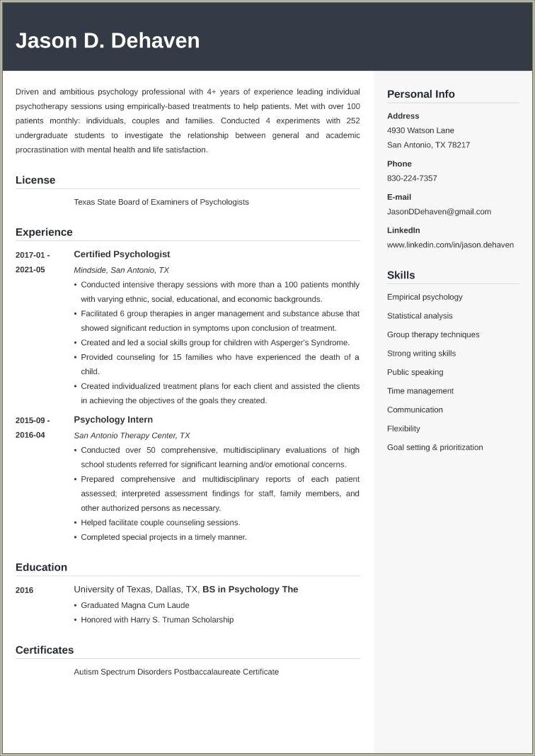 Undergraduate Psychology Resume Objective With Little Experience