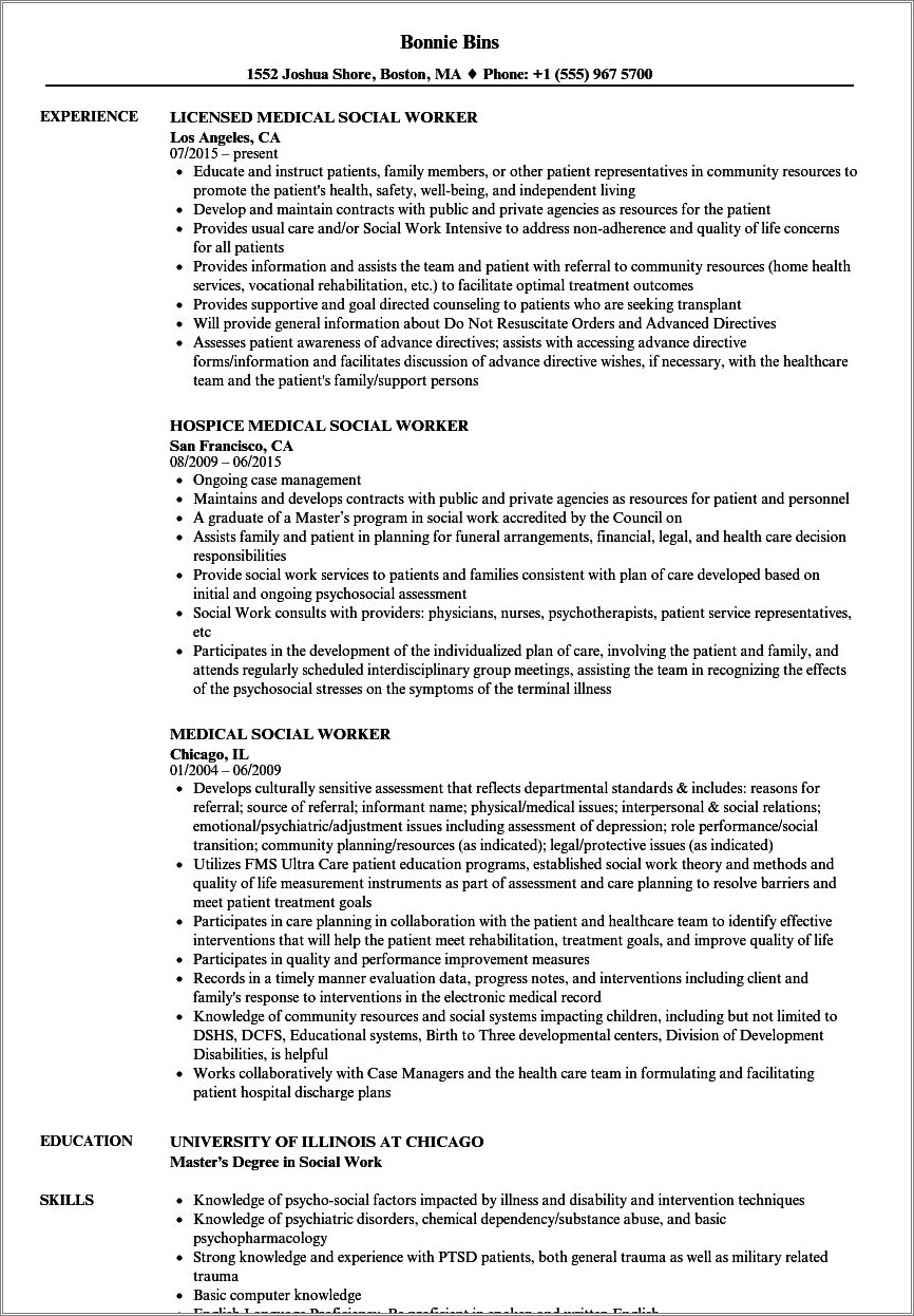 Undergradurate Social Work Student Internship Resume