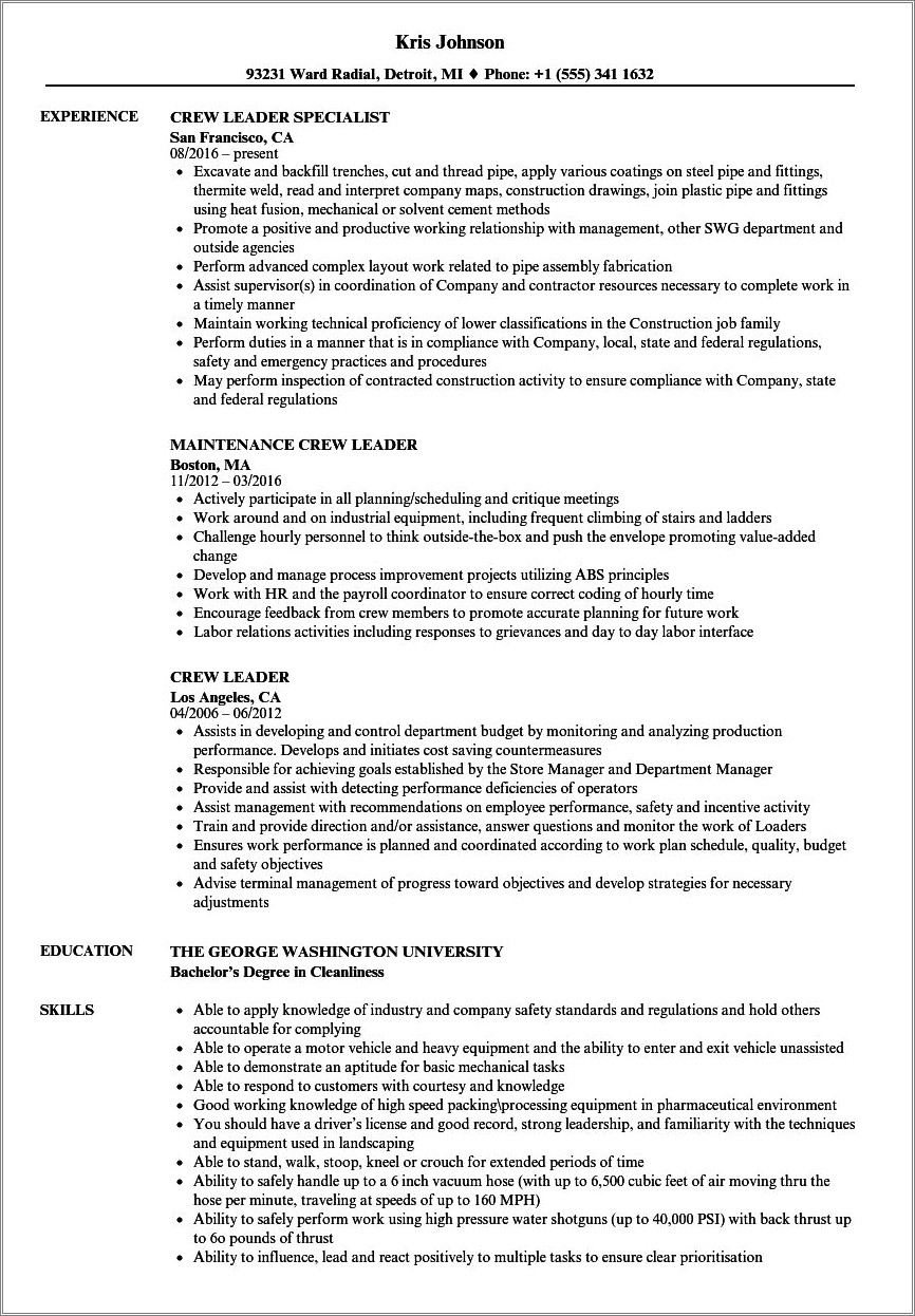 Underground Service Crew Job Description For Resume