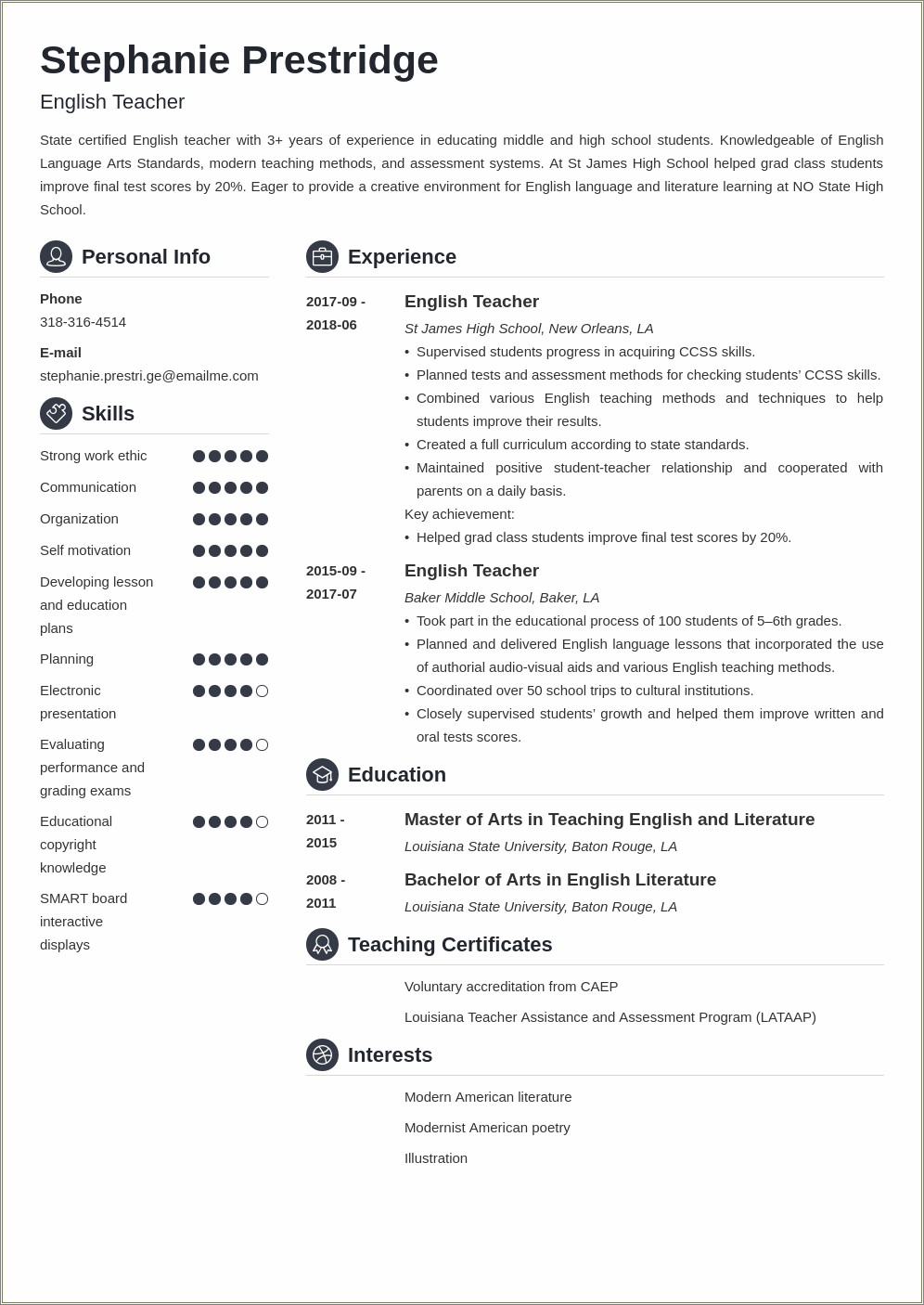 Unique Skills Of A Teacher Resume