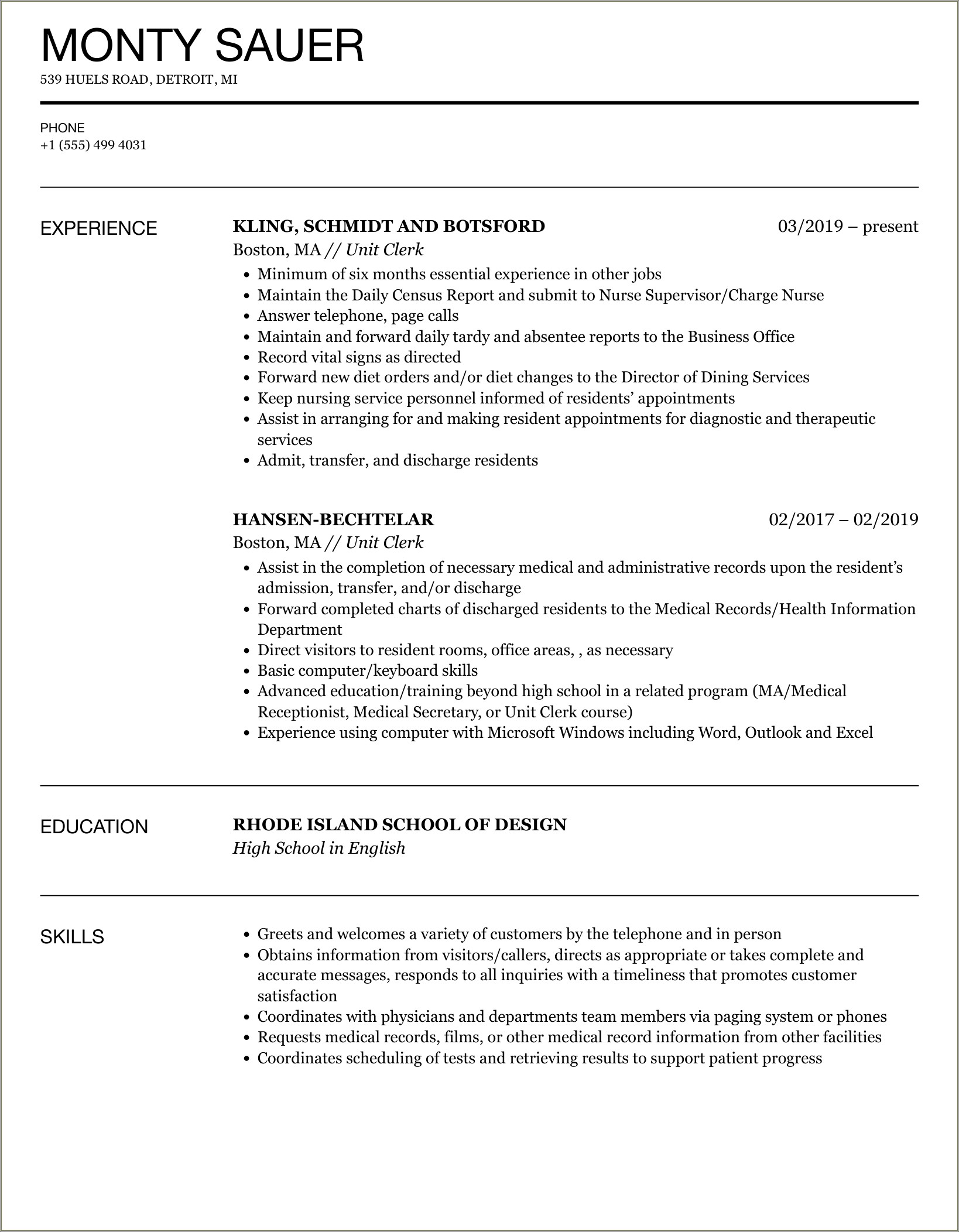 Unit Clerk Job Description For Resume