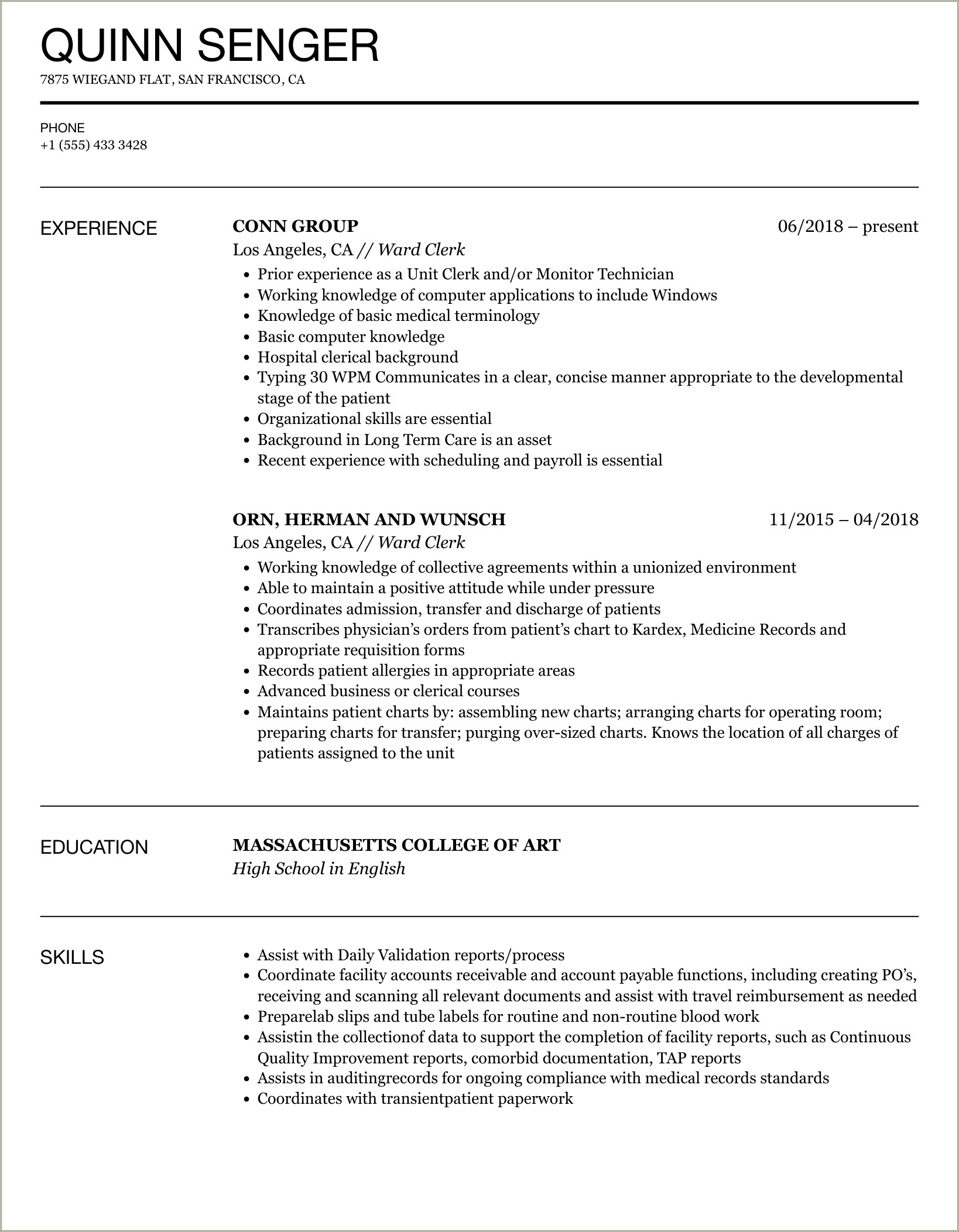 Unit Clerk Resume With No Experience