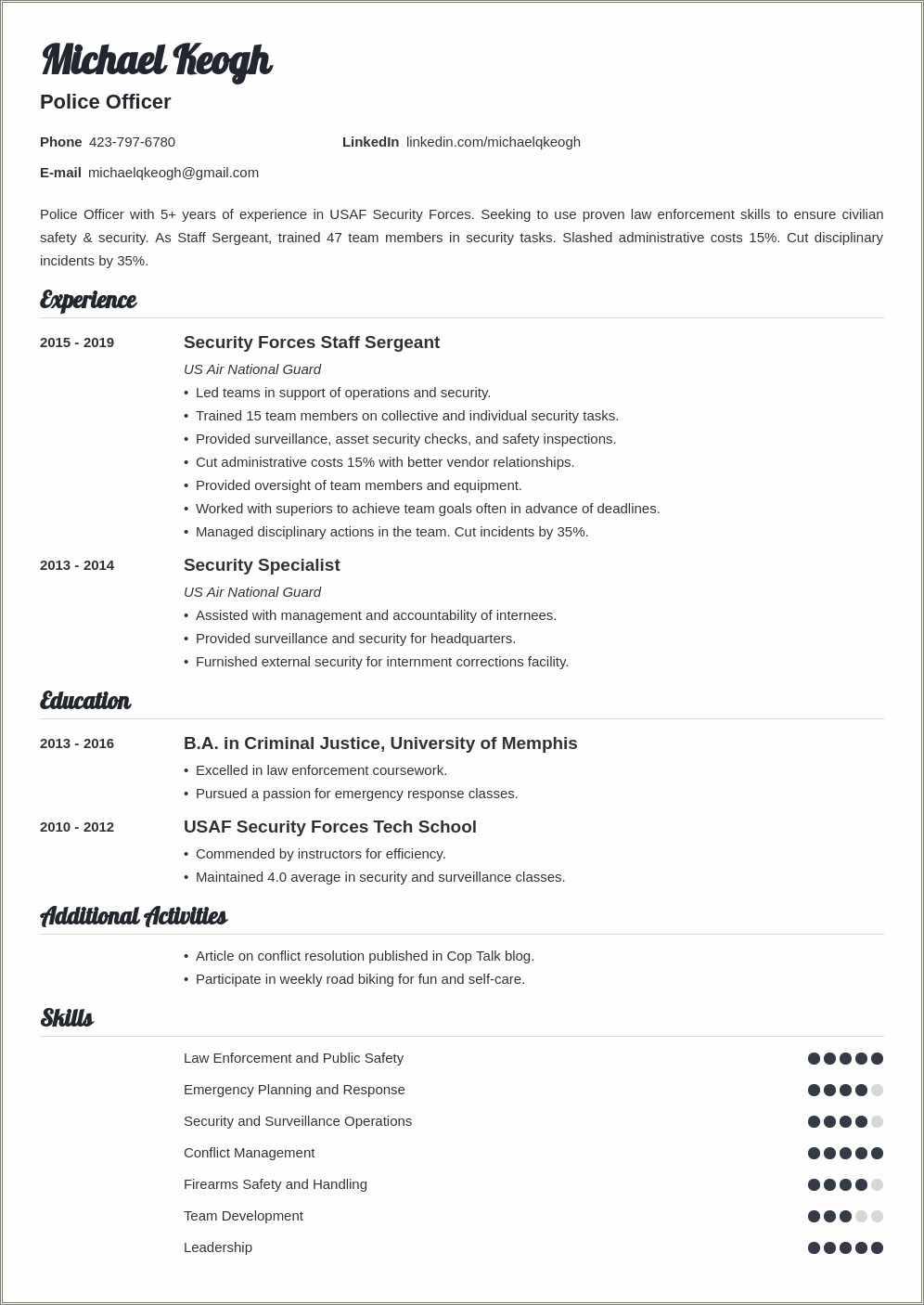 United States Army Experience Resume Sample