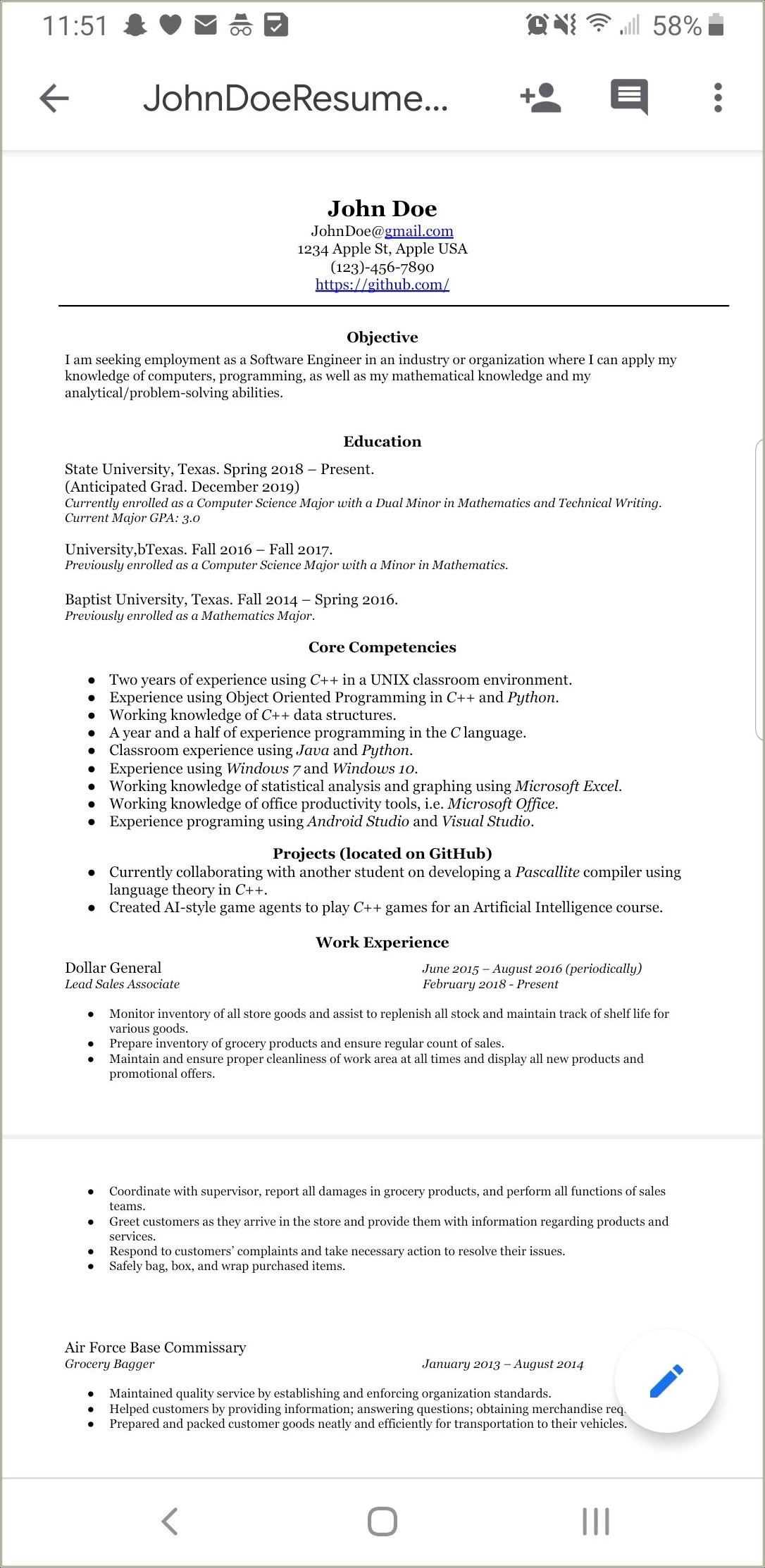 University Of Texas Graduate School Resume