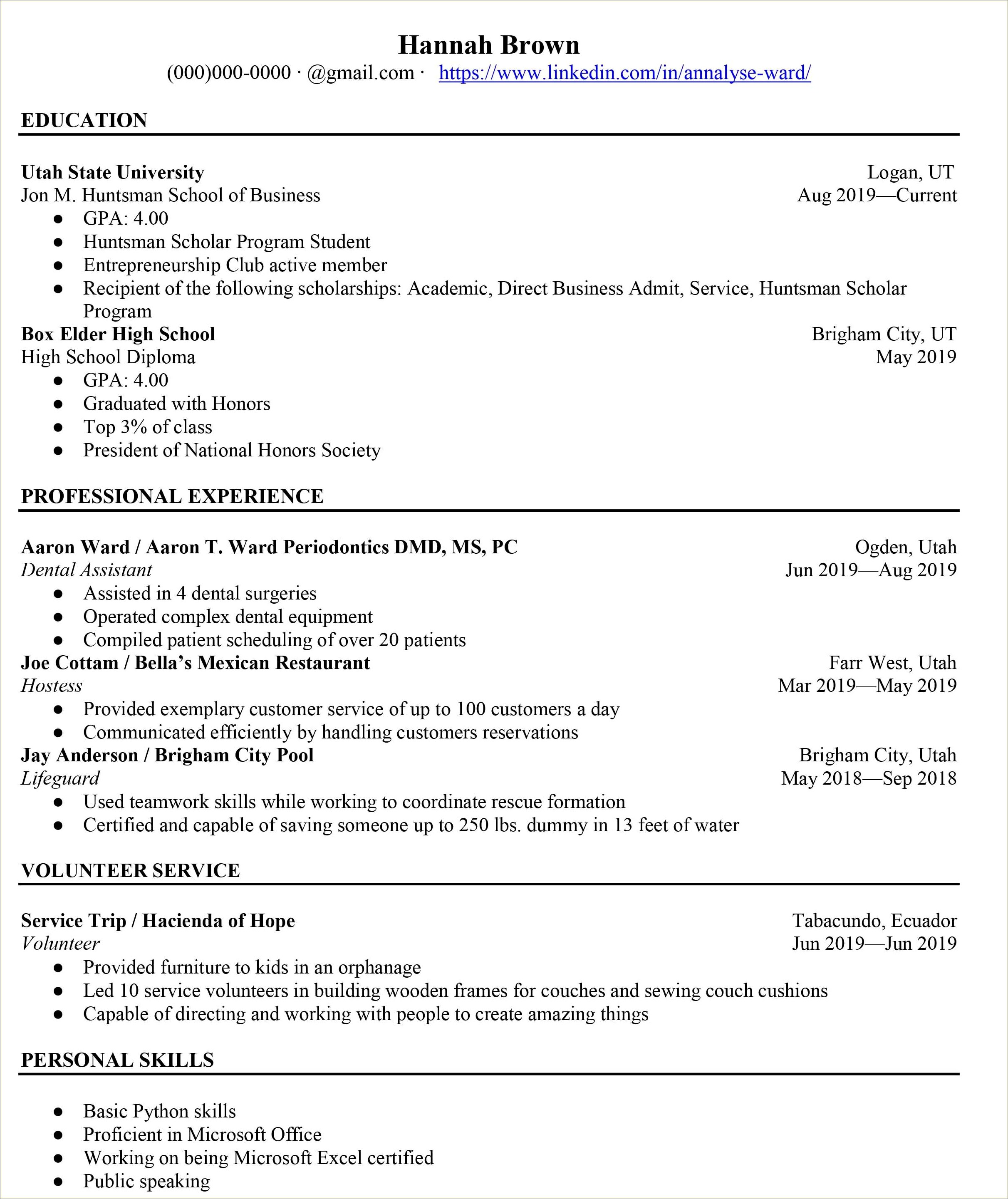 University Of Utah Resume Help Examples