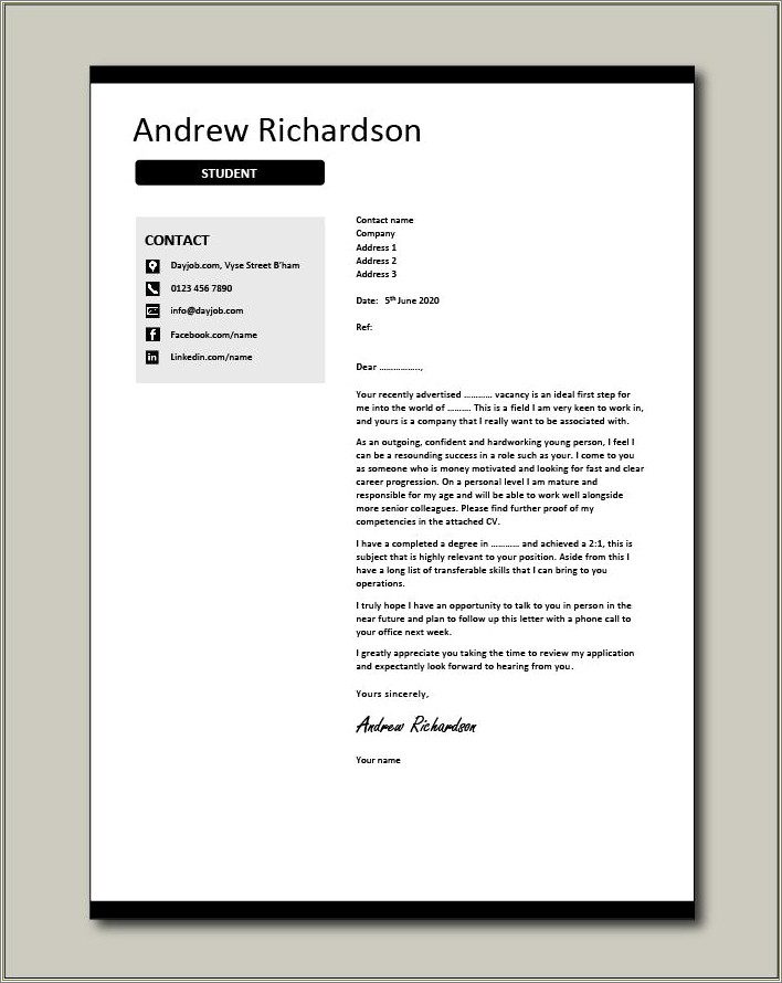 University Student Resume Cover Letter Template