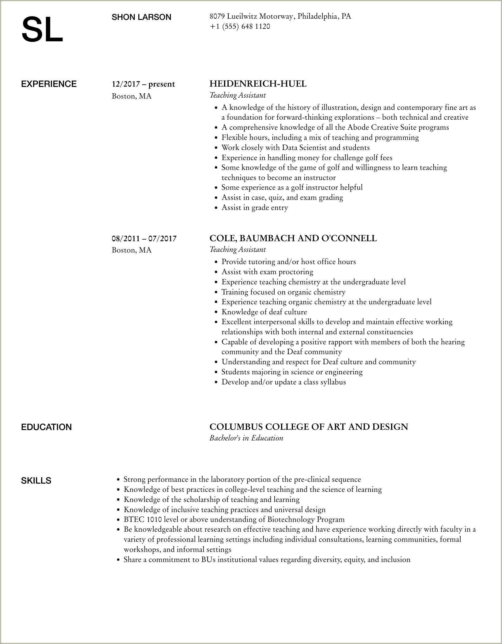 University Teaching Assistant Job Description Resume