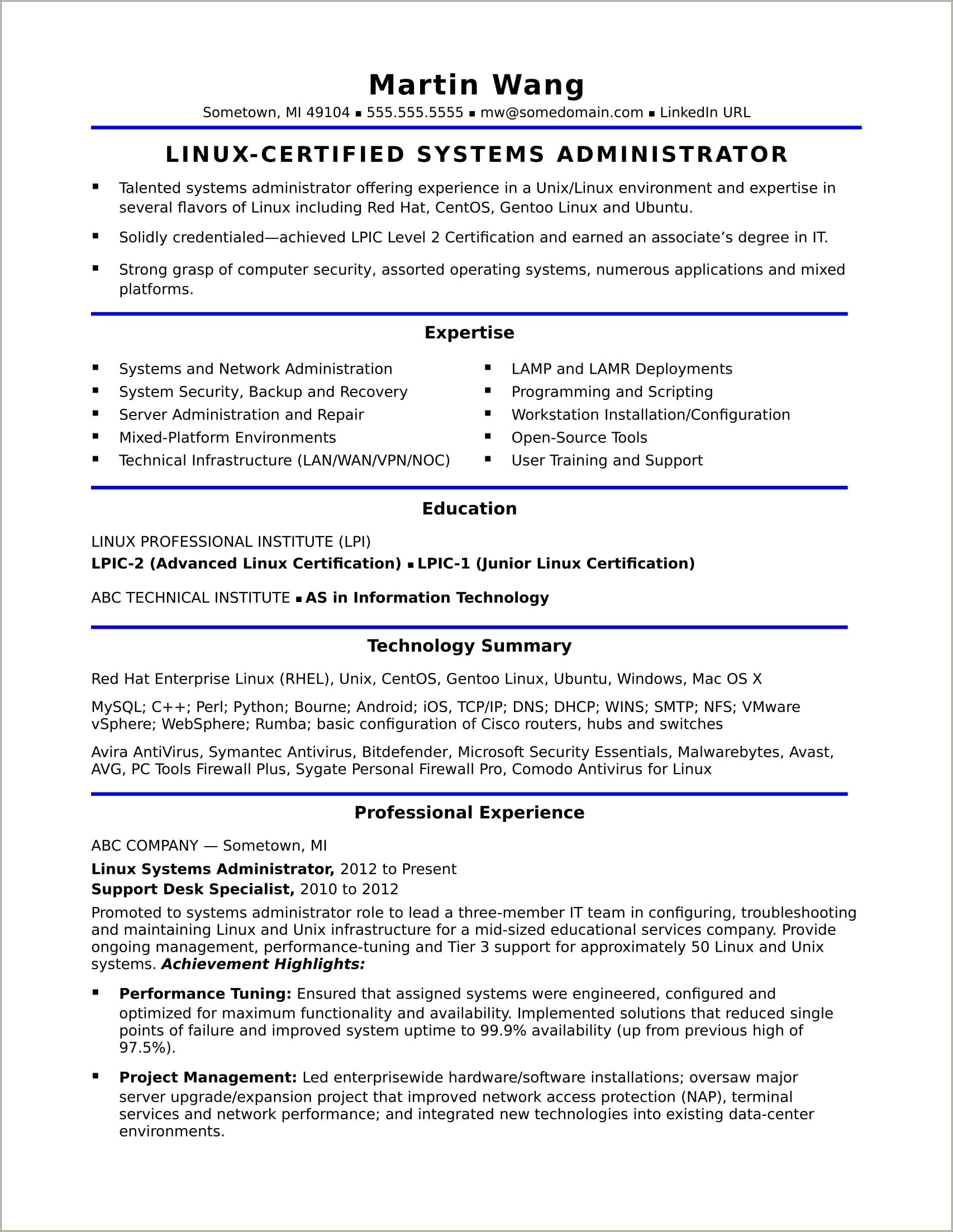 Unix Systems Administrator Resume Examples Technical