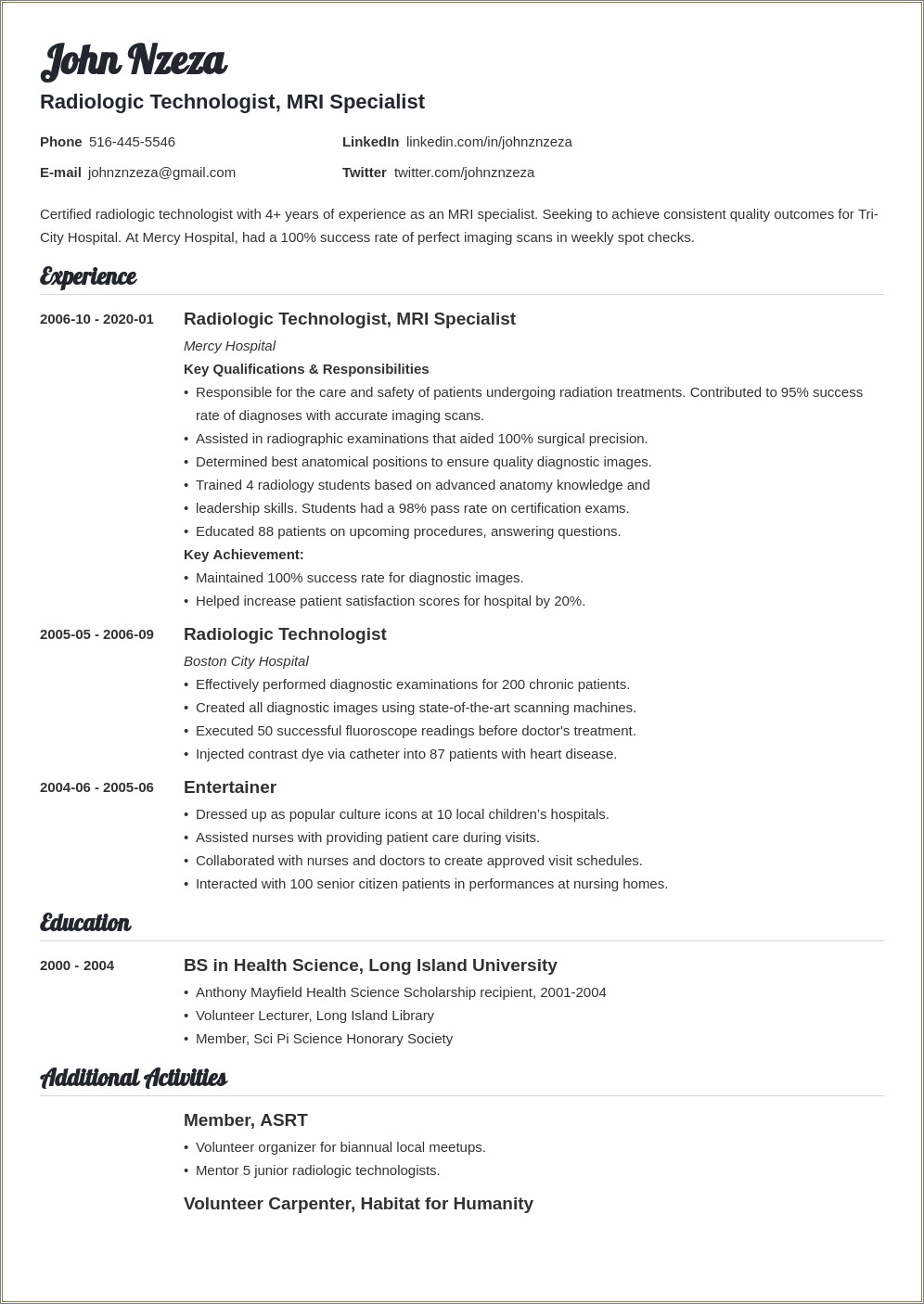 Updating Resume After First Job Radiology