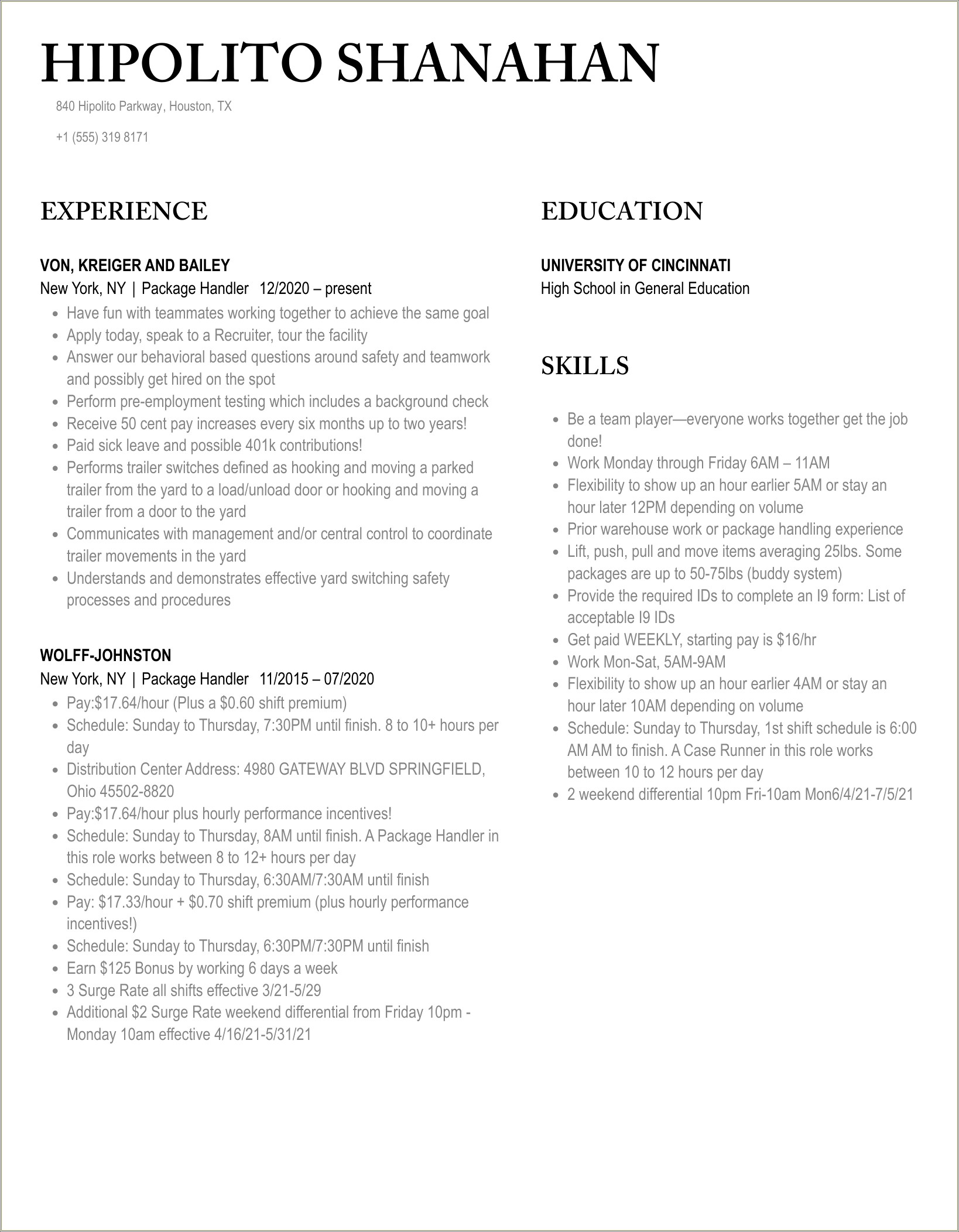 Ups Loader Job Description For Resume