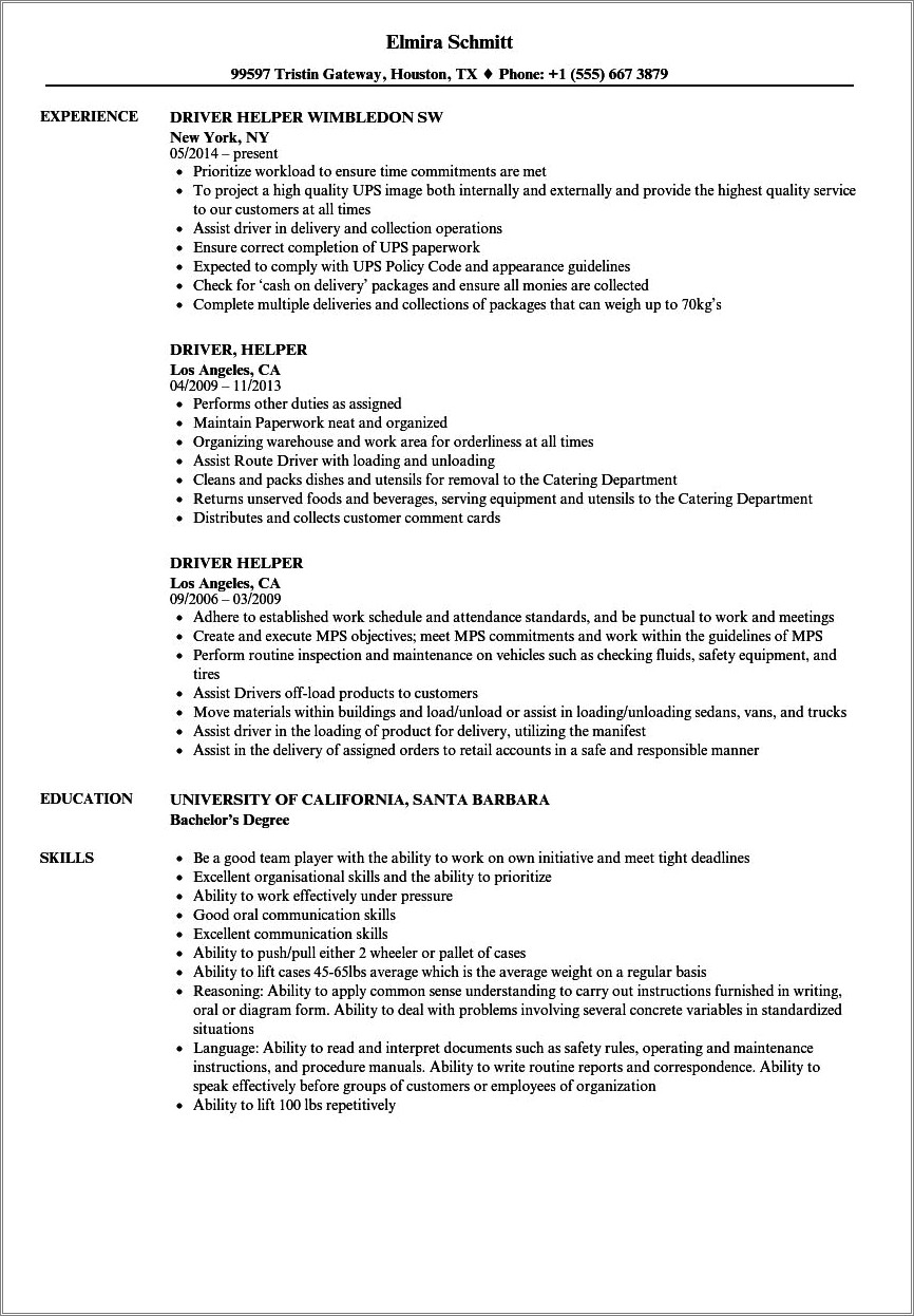 Ups Package Handler Job Description Resume