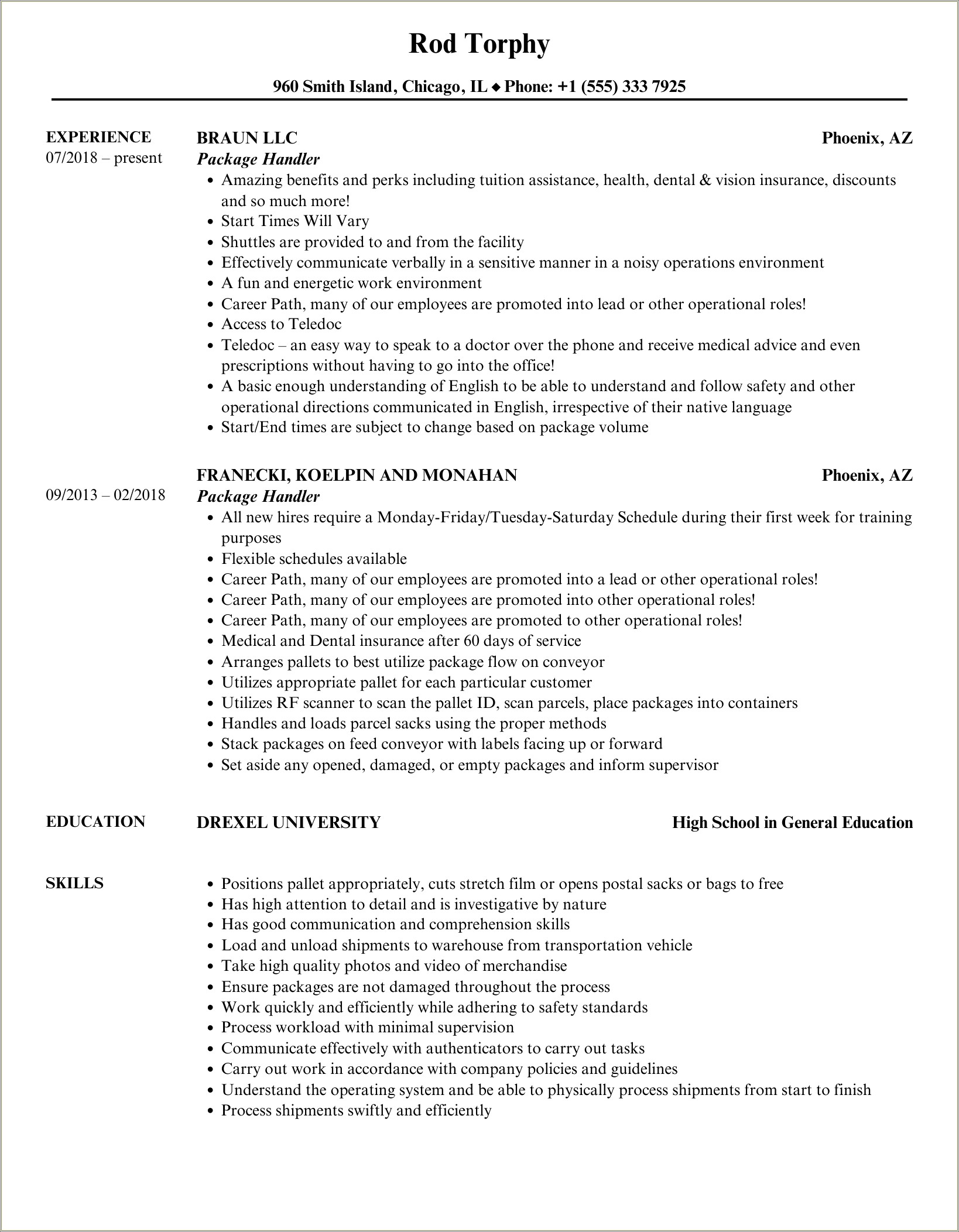 Ups Preloader Job Description For Resume