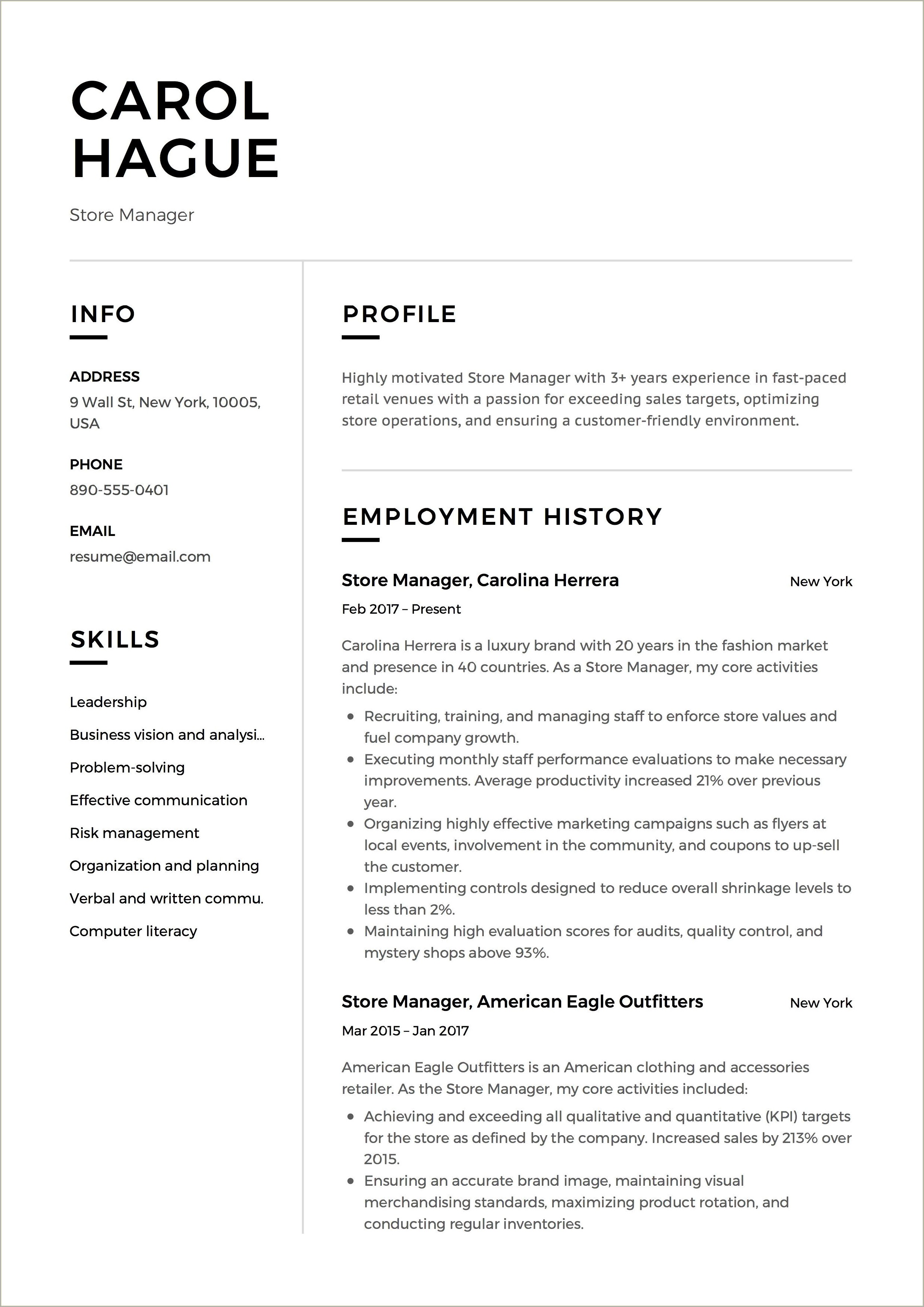 Upscale Retail Store Department Manager Resume