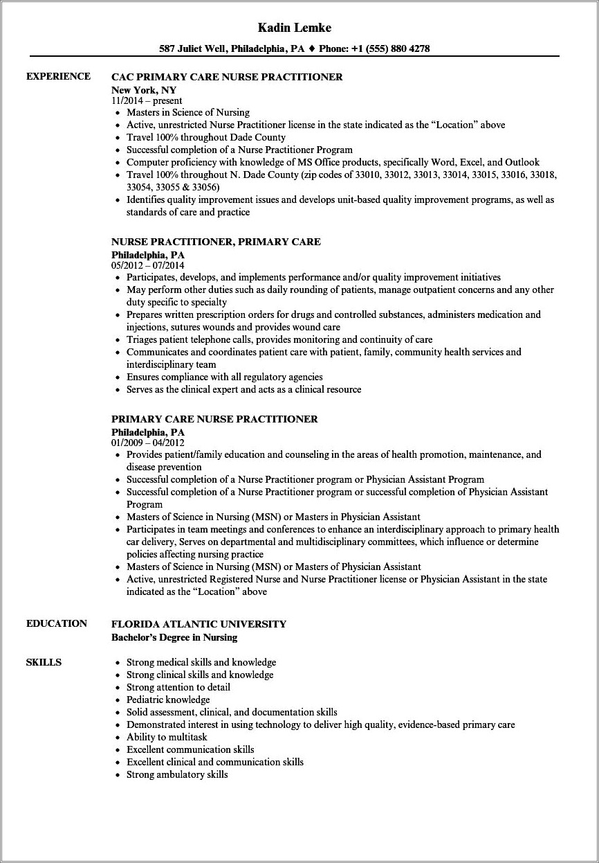 Urgent Care Nurse Practitioner Job Description Resume