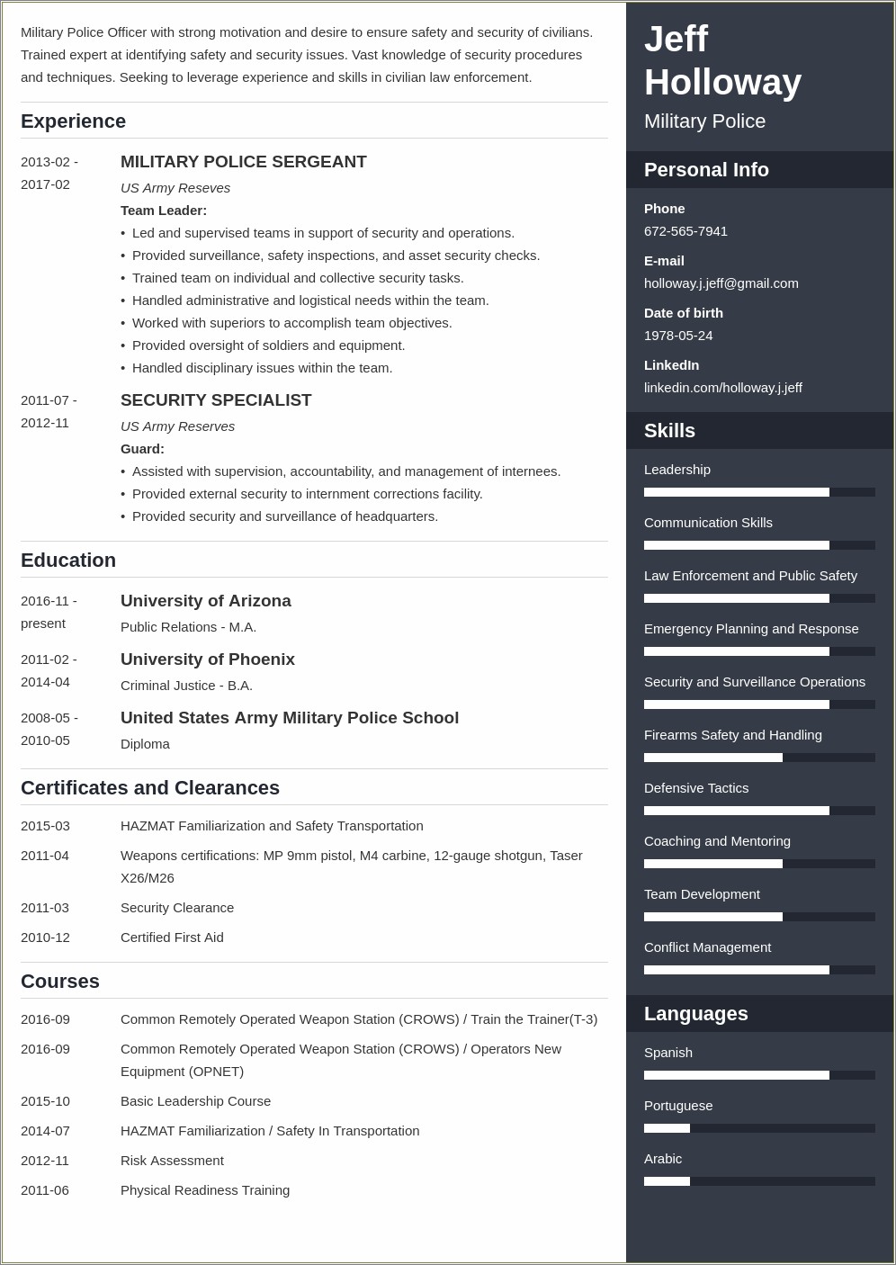 Us Army Veteran Role Description For Resume