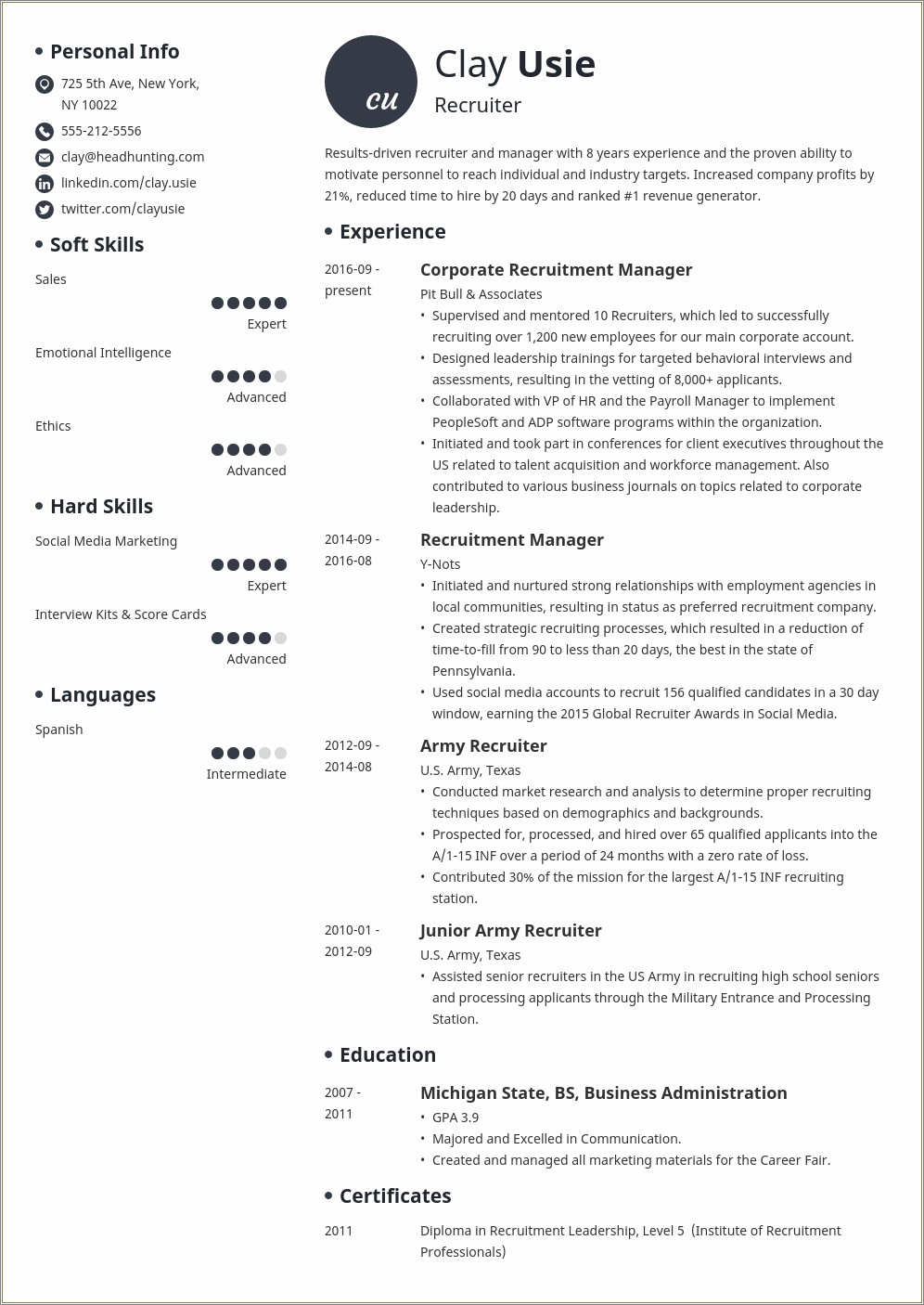 Us It Recruiter Fresher Resume Sample