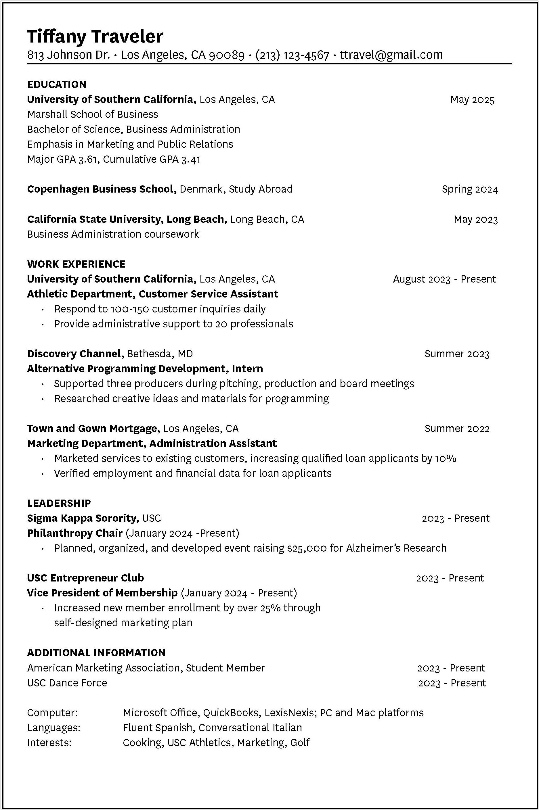 Usc Marshall School Of Business Resume Sample