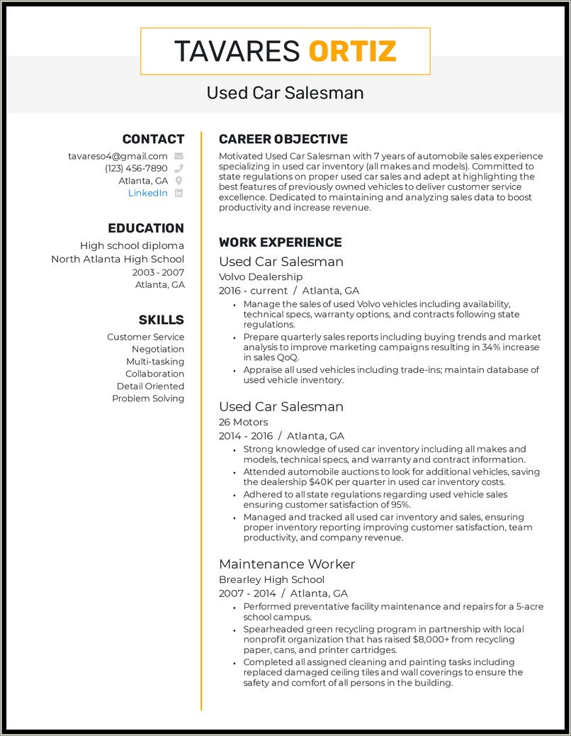 Used Car Sales Manager Resume Sample