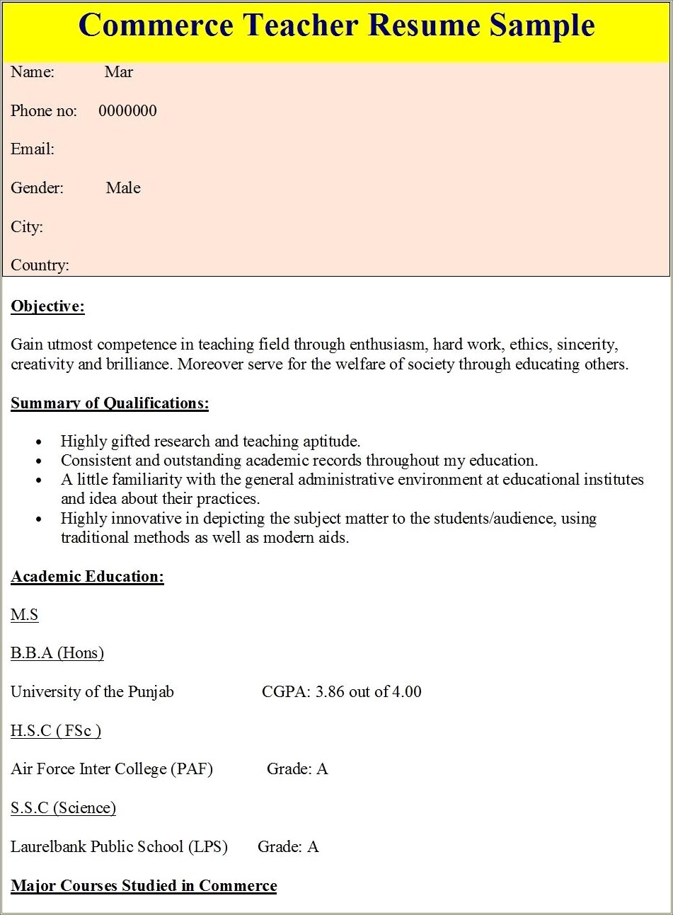 User Defined Field In Resume Example