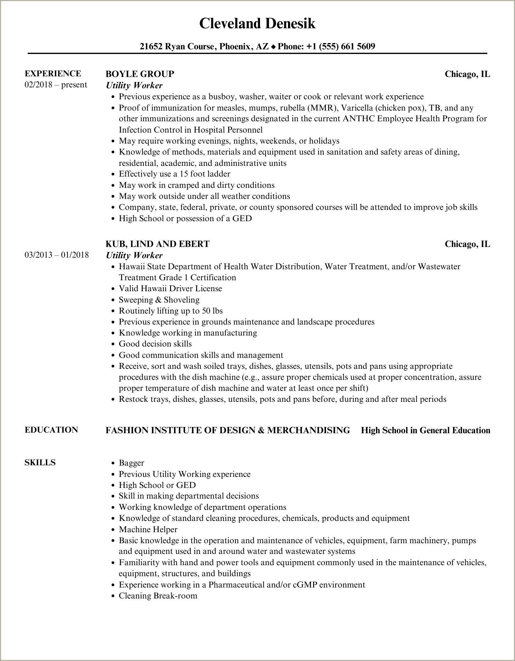 Utility Worker Job Description For Resume