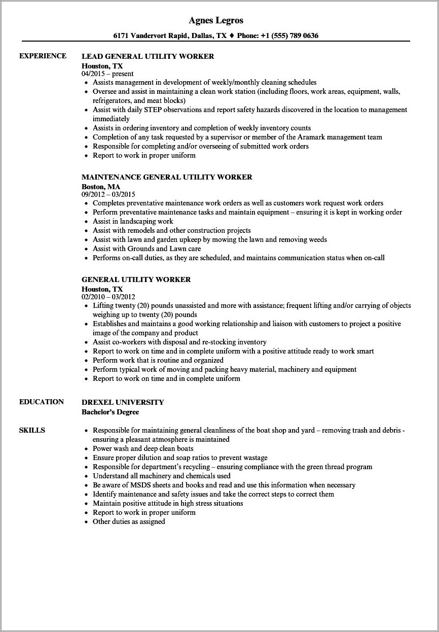 Utility Worker Resume Samples That Are Printable