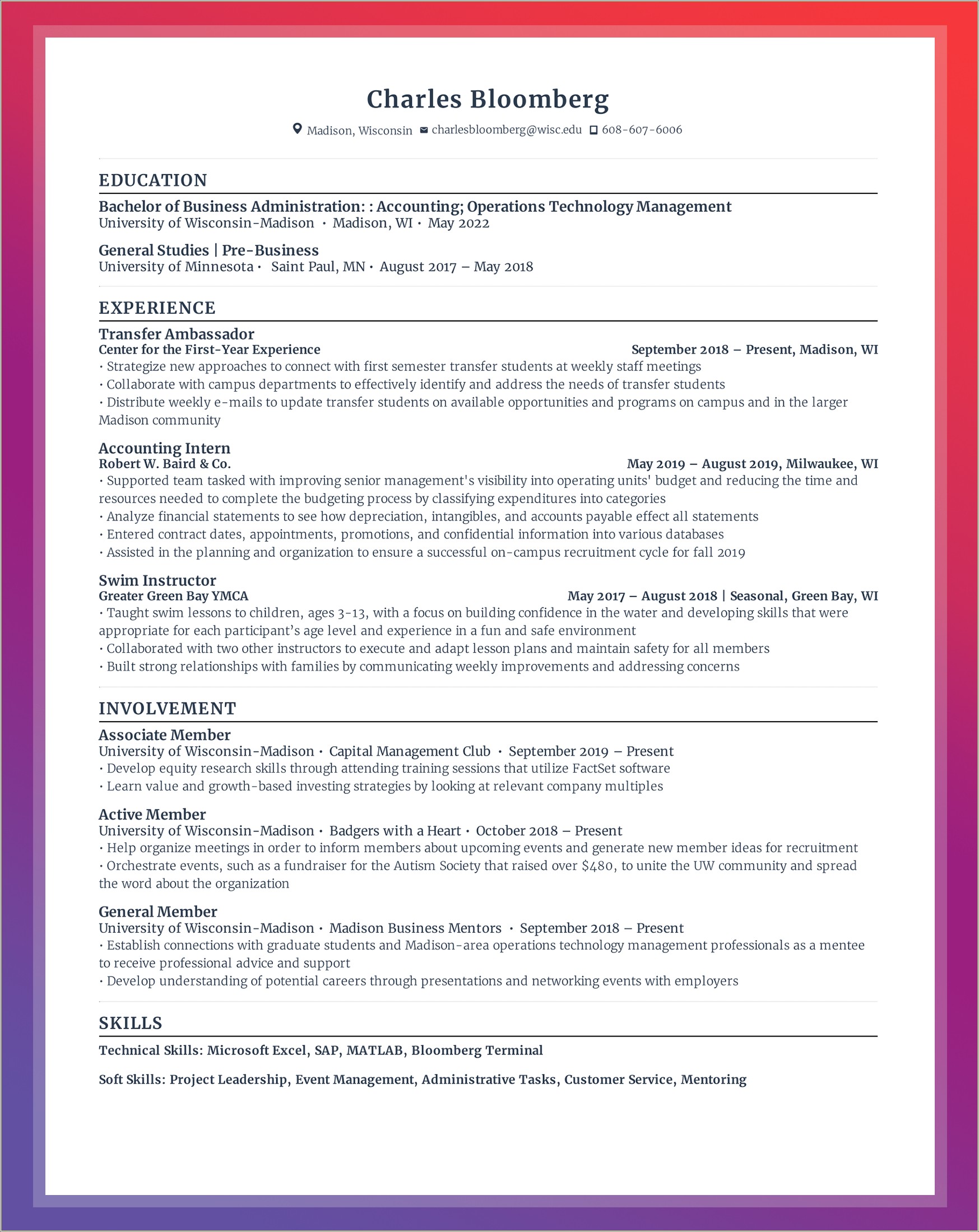 Uw Madison Business School Resume Template