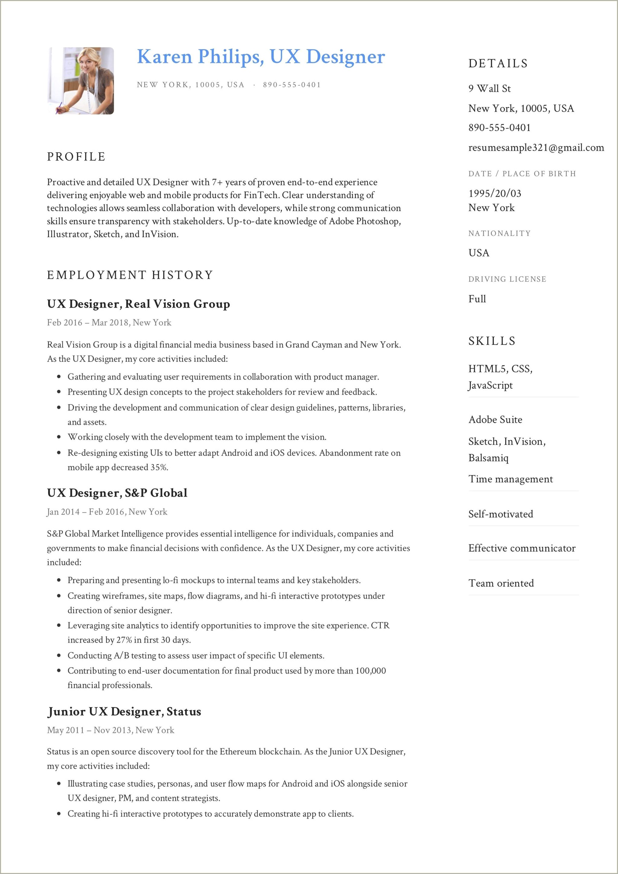 Ux Design Resume With No Experience