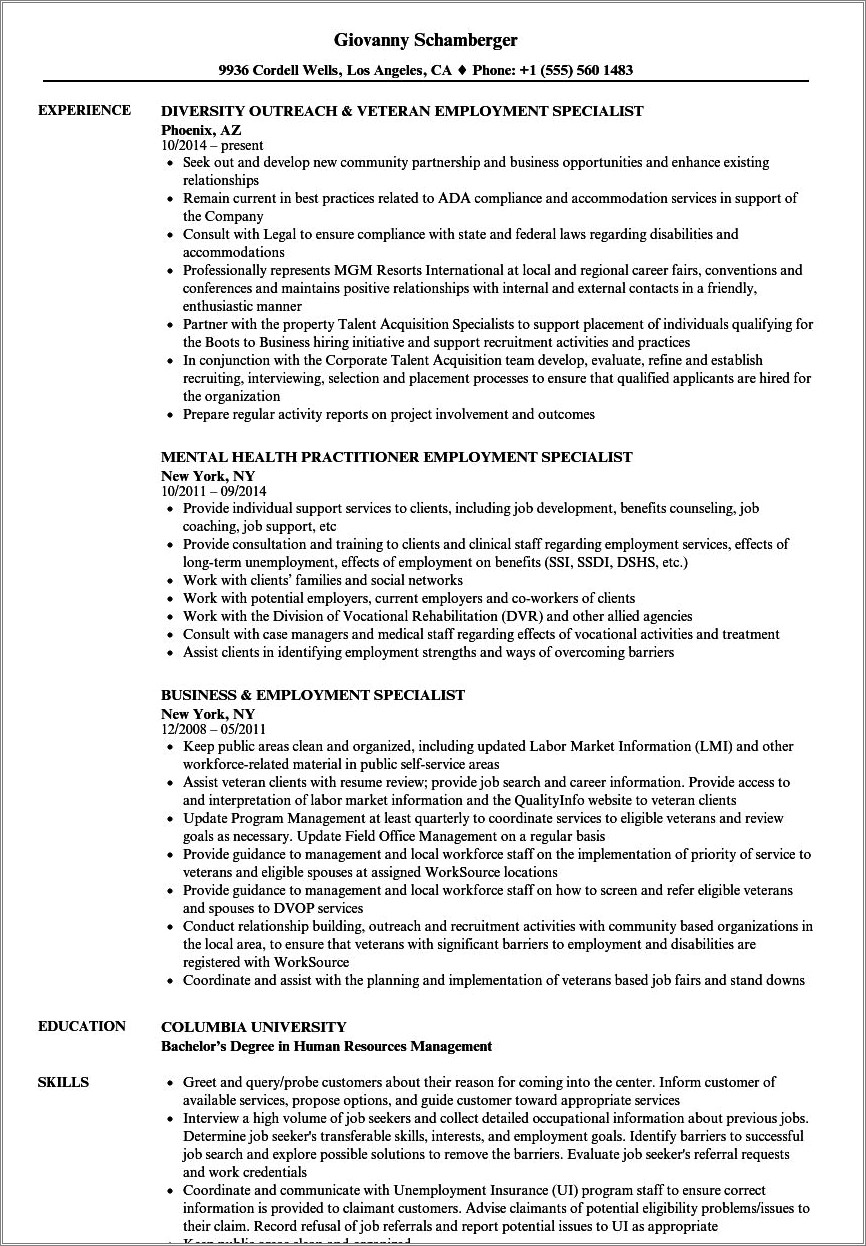 Va Dss Benefit Specialist Resume Samples