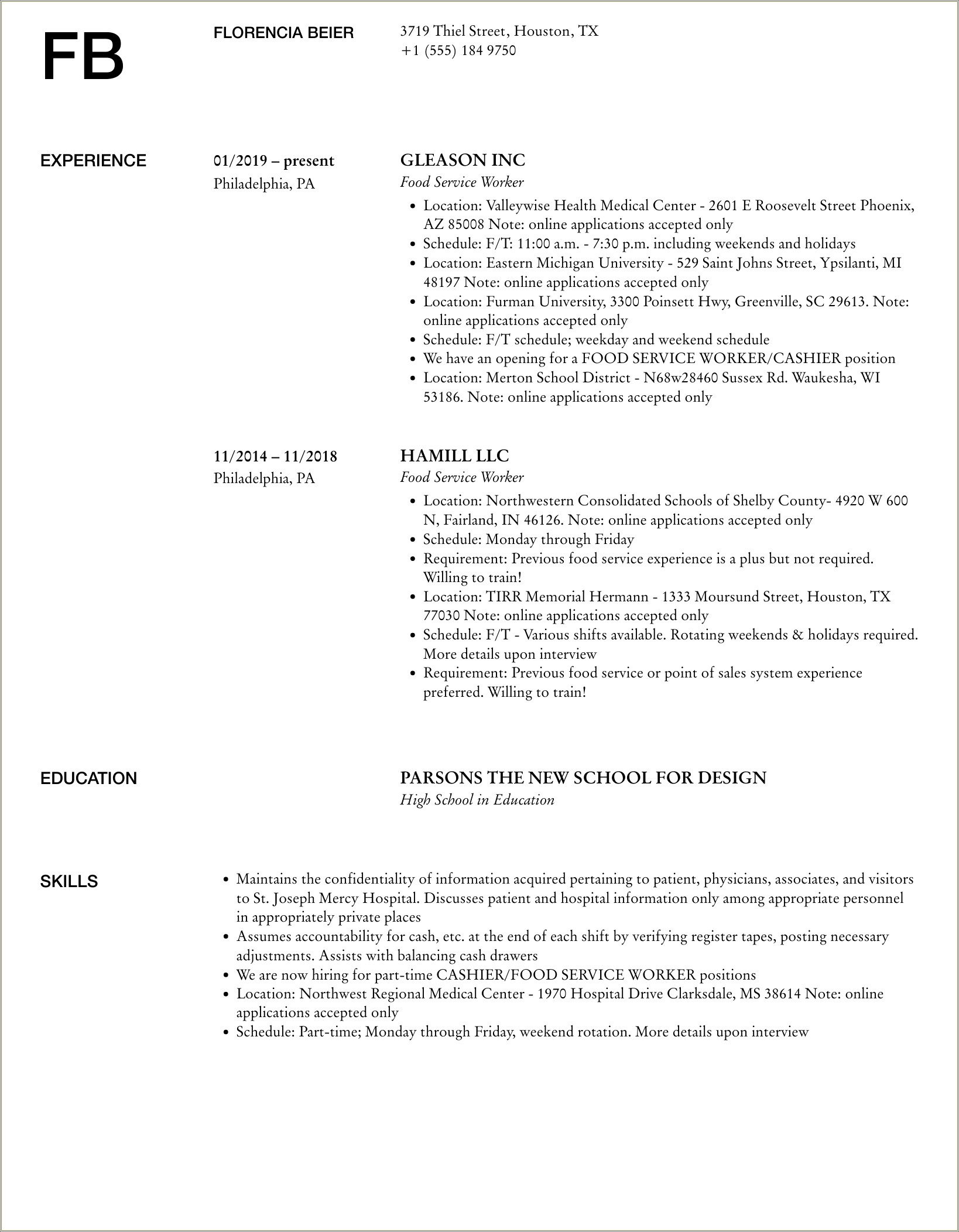 Va Hospital Food Service Worker Resume