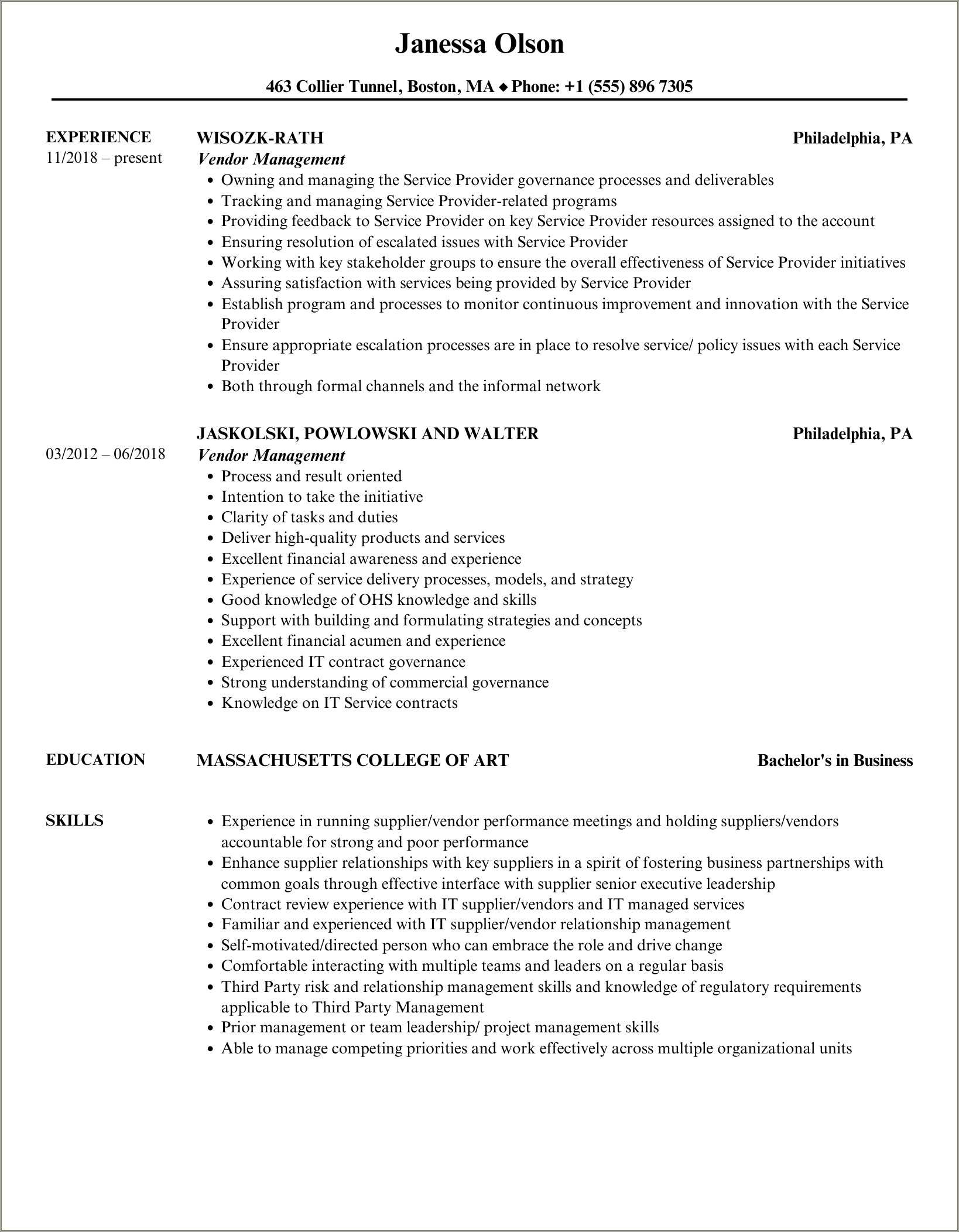 Vendor Manager Job Description For Resume