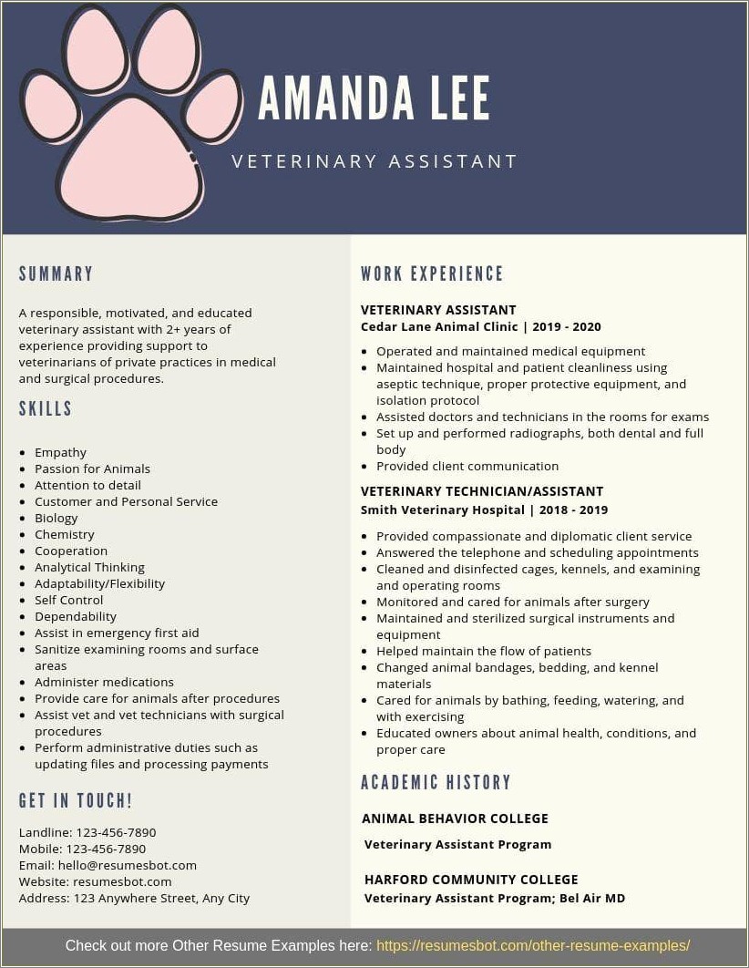 Veterinary Assistant Job Description For Resume