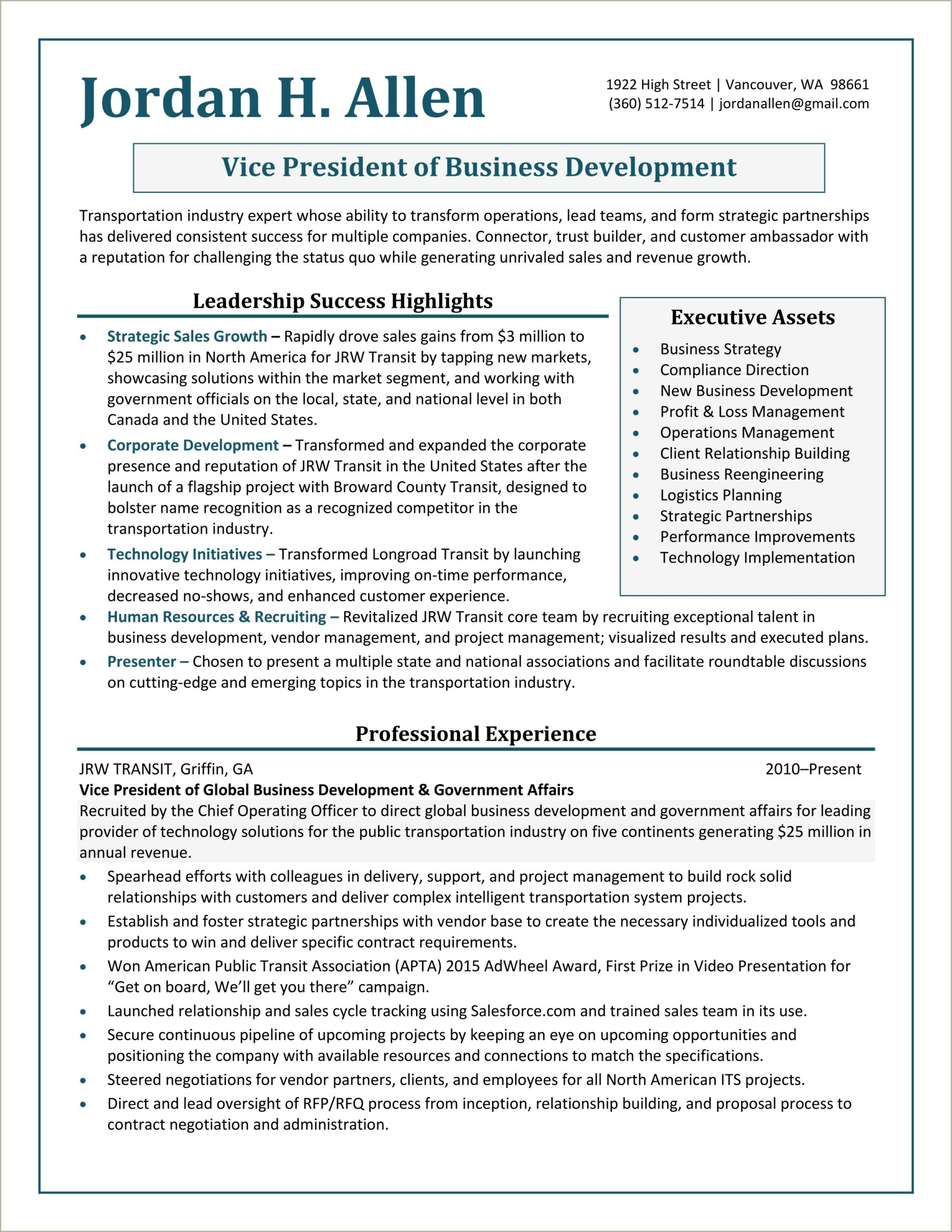 Vice President Business Development Resume Sample