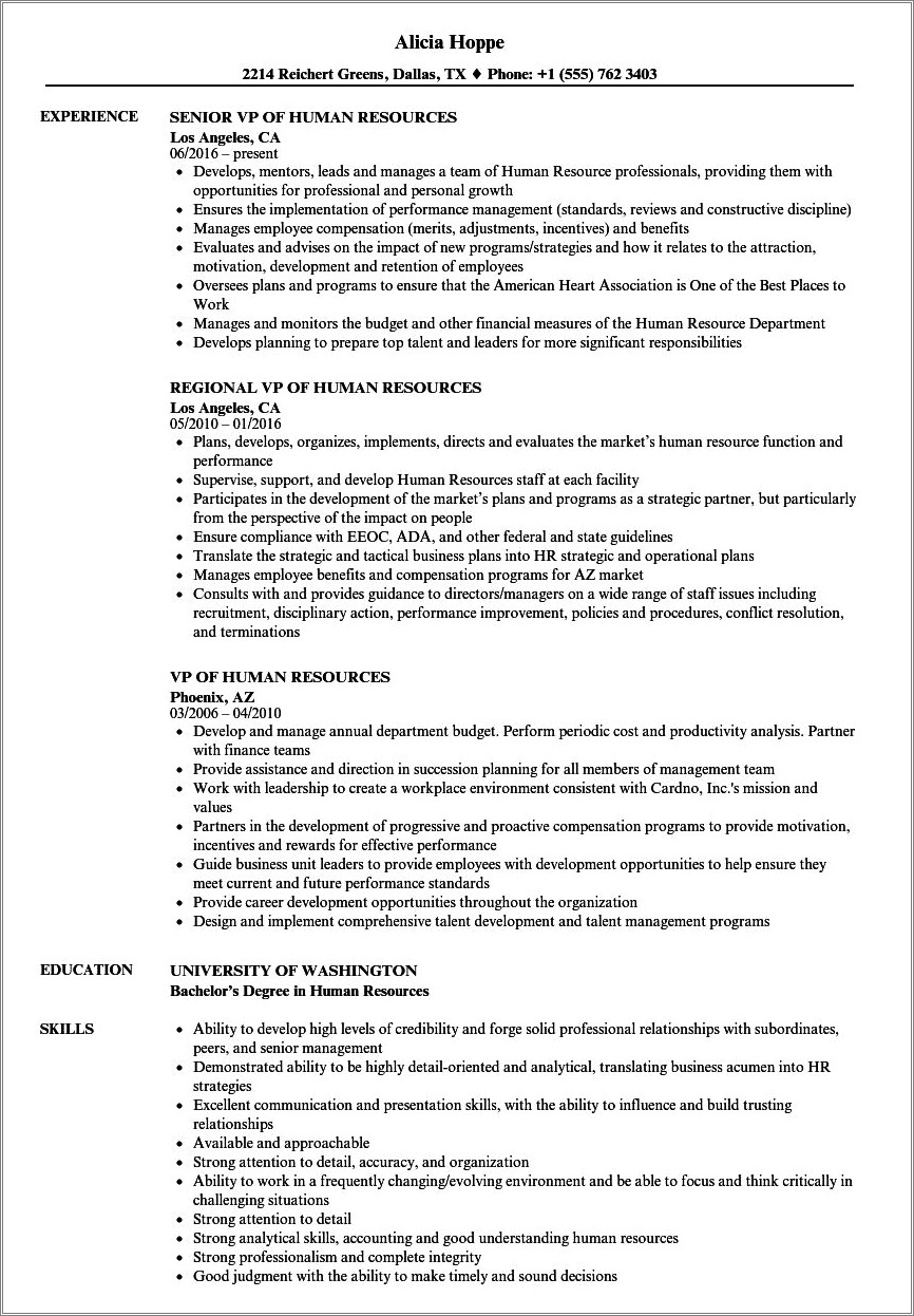 Vice President Of Hr Sample Resume