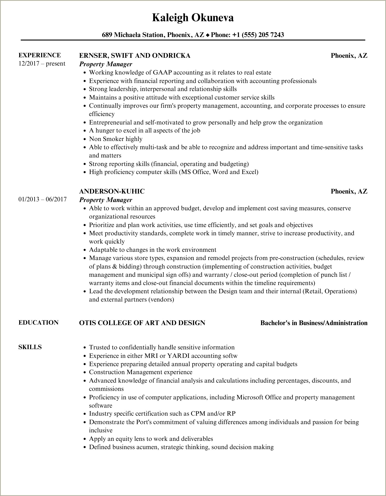 Vice President Of Property Management Resume