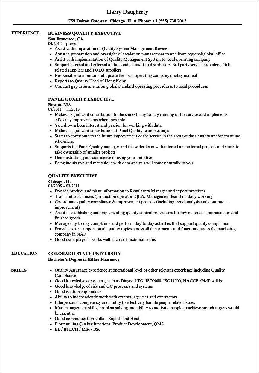 Vice President Of Quality Executive Resume Examples