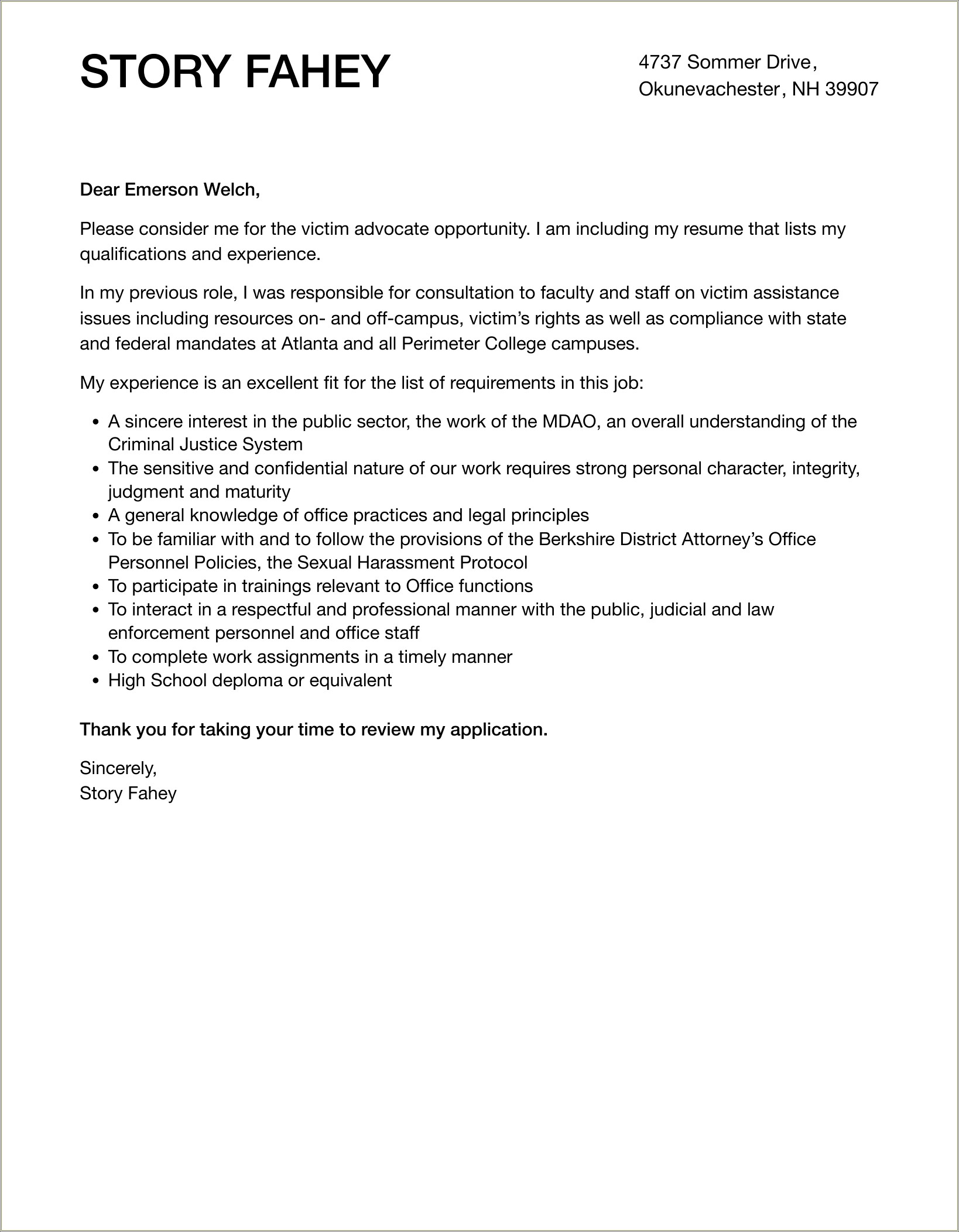 Victim Advocate Resume And Cover Letter